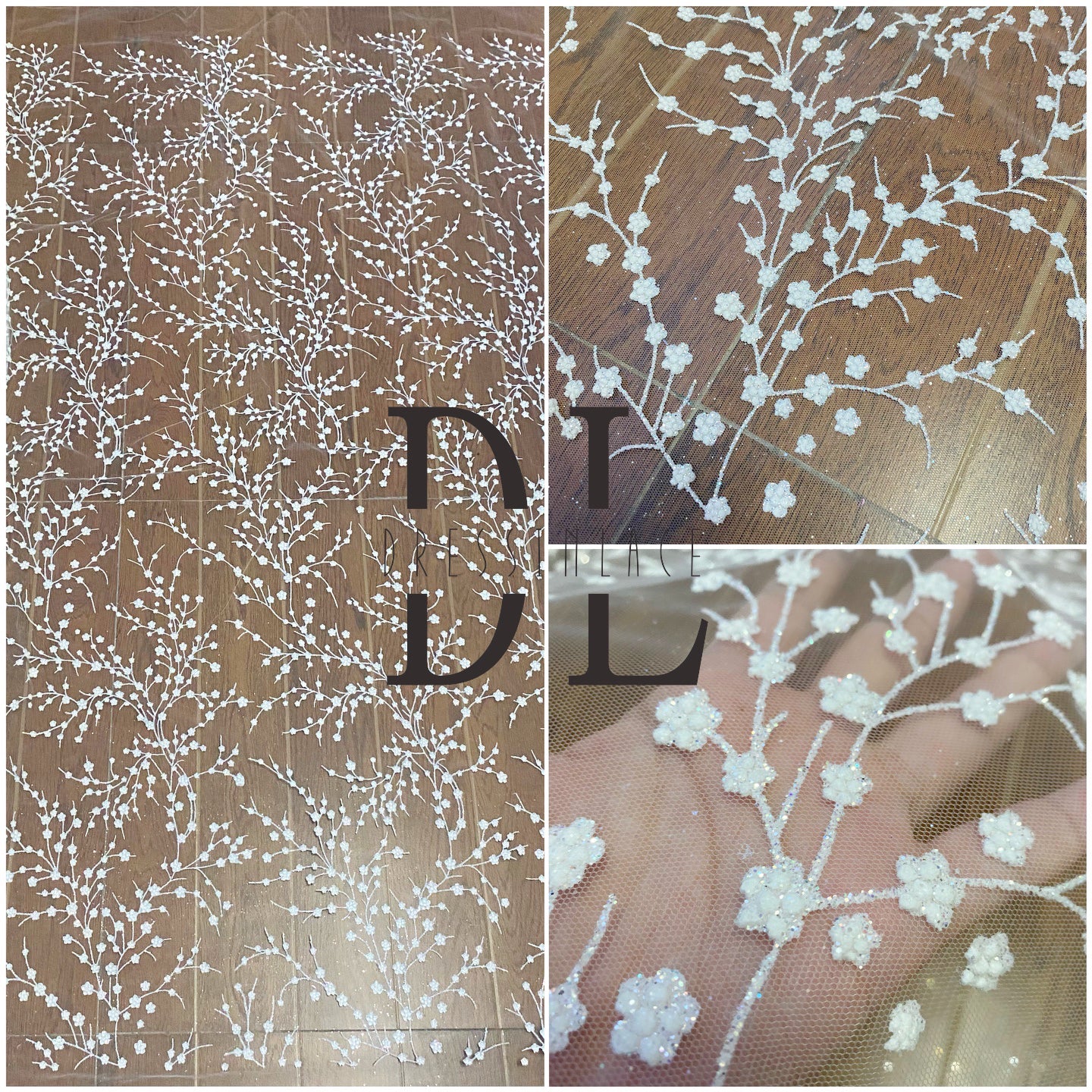 DL130058 Tessuto di pizzo con fiori glitterati lucidi di alta qualità per abiti da sposa larghezza 130 cm