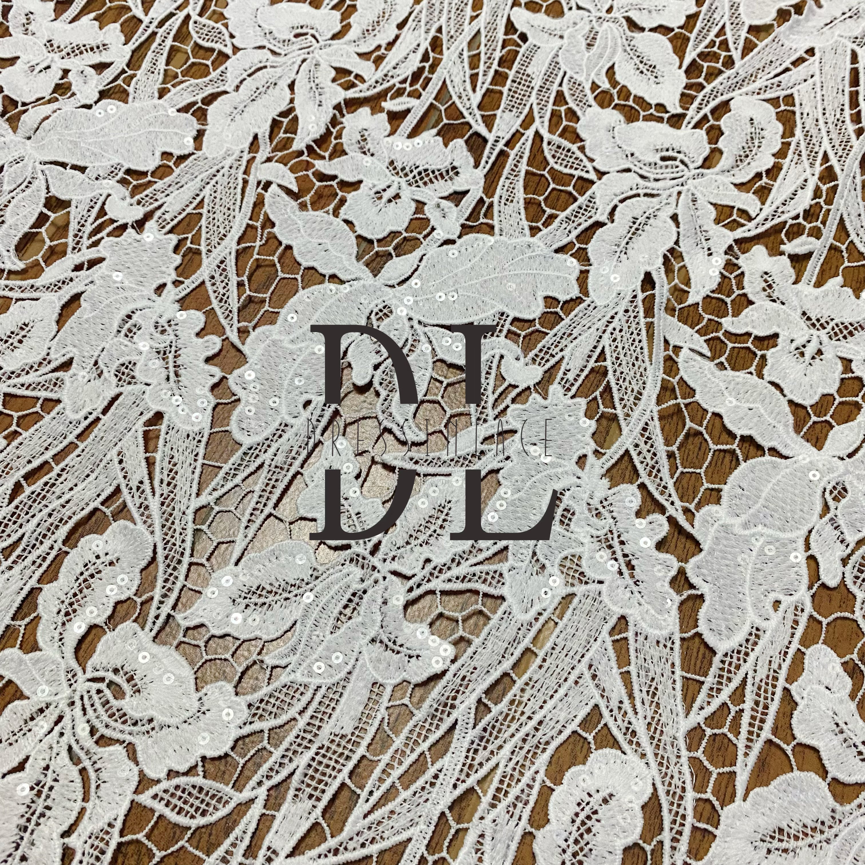 DLG120131 Nuevo estilo de tela de encaje bordado soluble en agua - Exquisita belleza de encaje con lentejuelas brillantes - Perfecto para vestidos de novia DLG120131