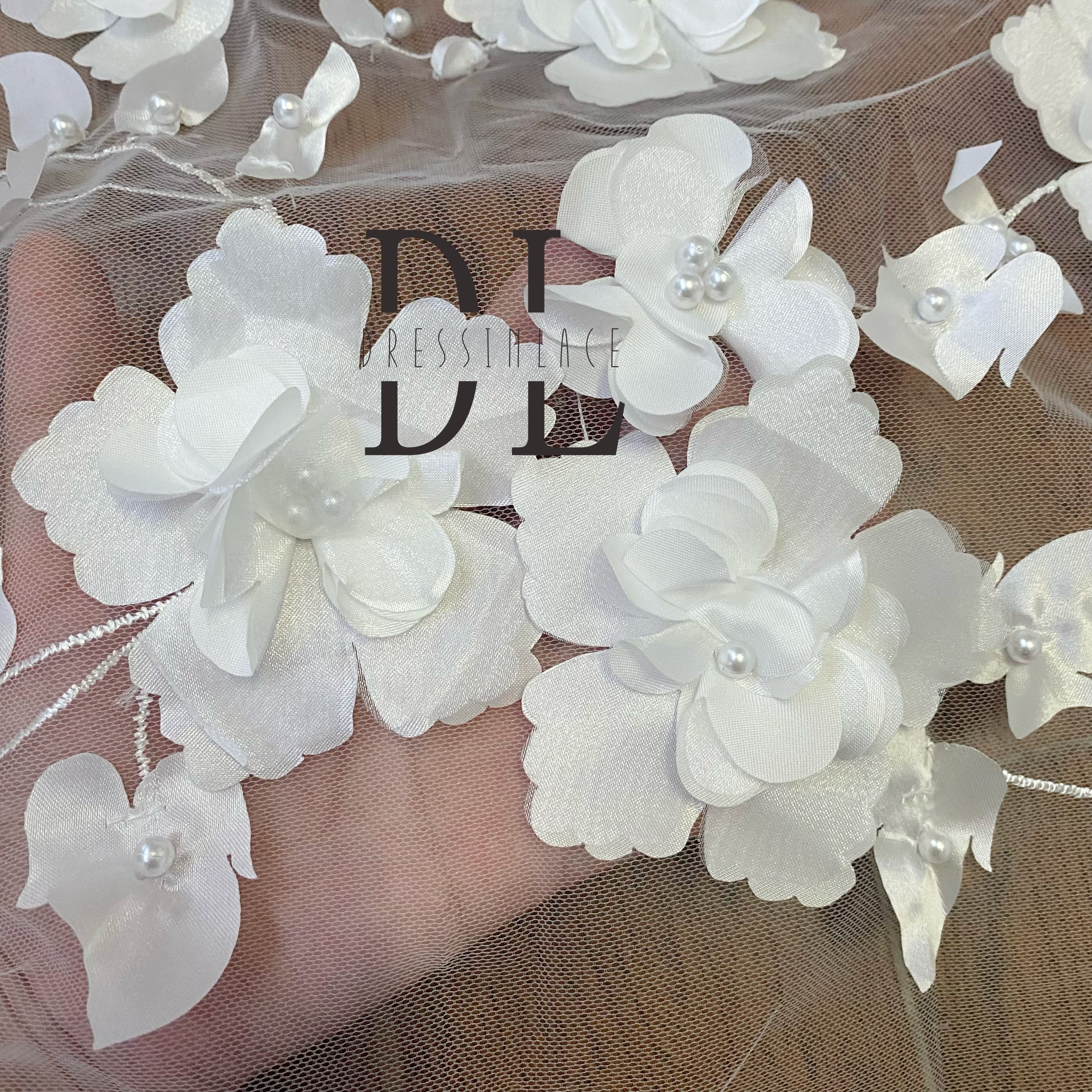 DL130013 High-quality soft 3D satin flowers lace fabric with pearl beads for wedding dresses