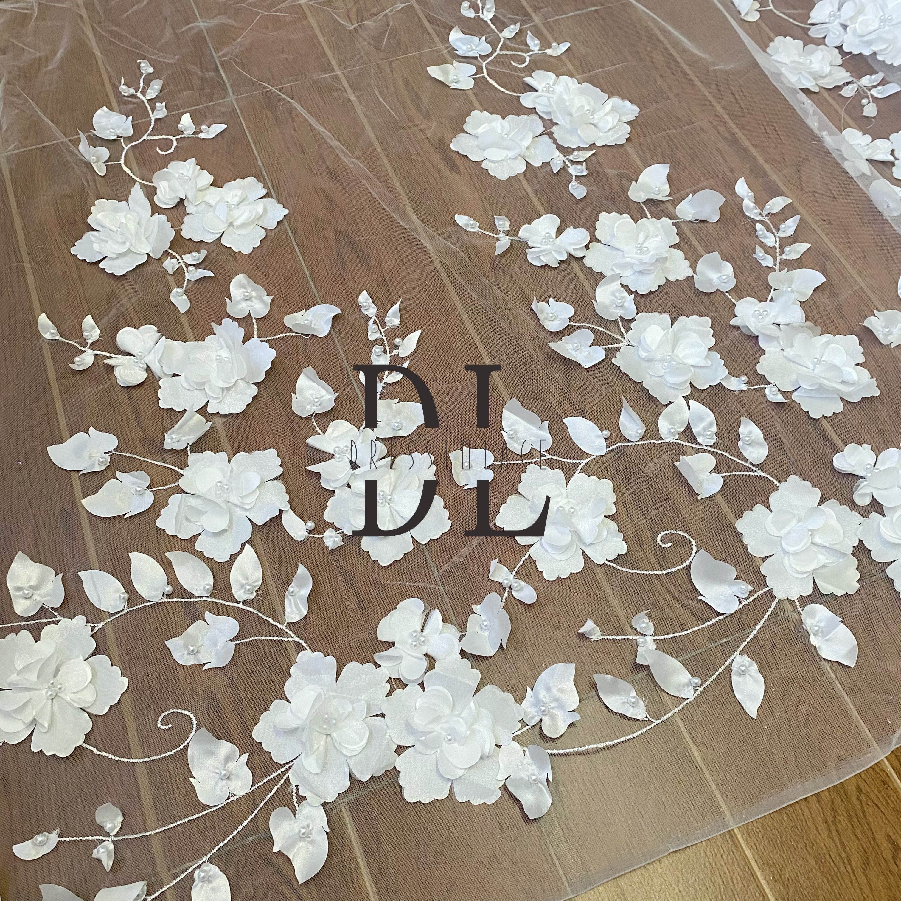DL130013 High-quality soft 3D satin flowers lace fabric with pearl beads for wedding dresses