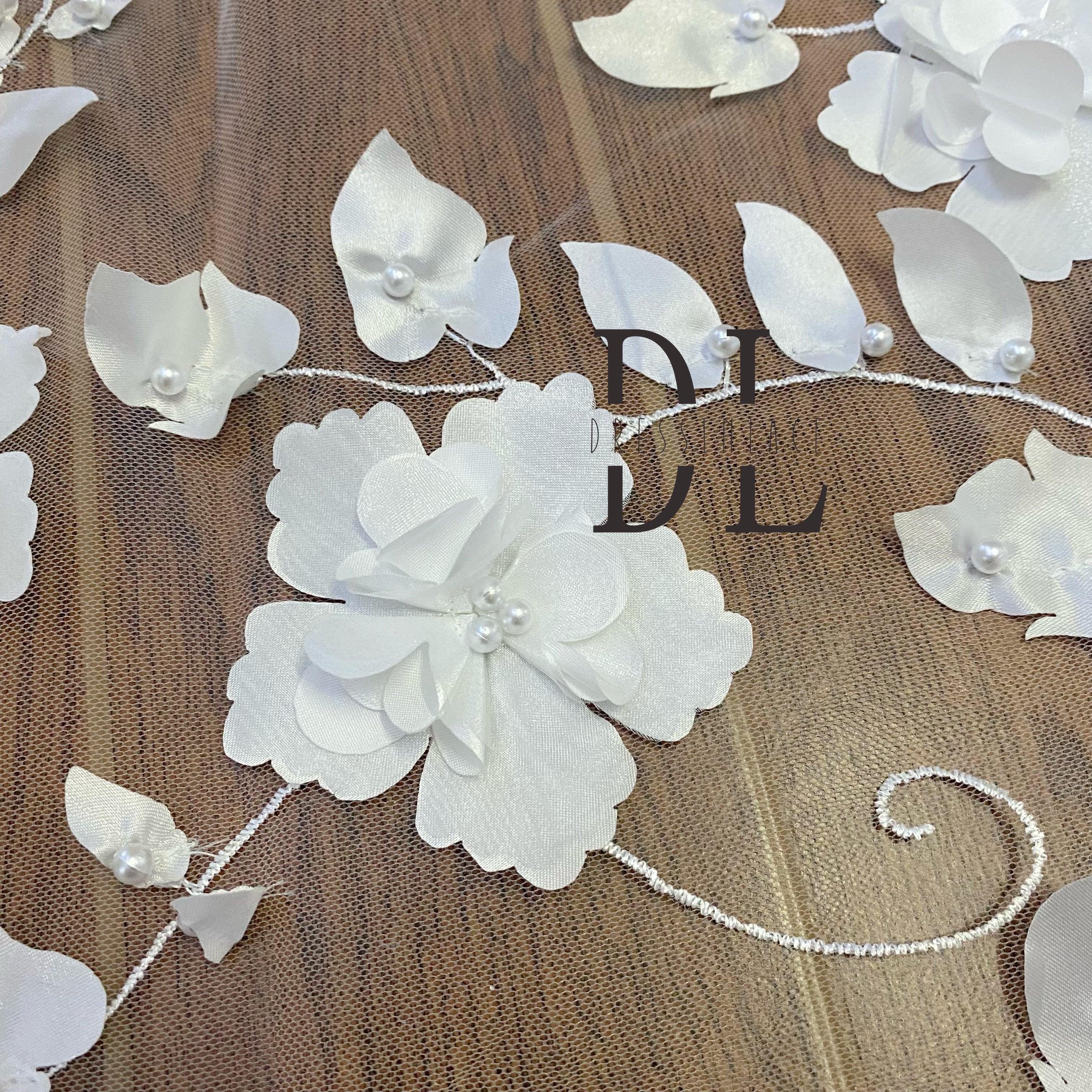 DL130013 High-quality soft 3D satin flowers lace fabric with pearl beads for wedding dresses