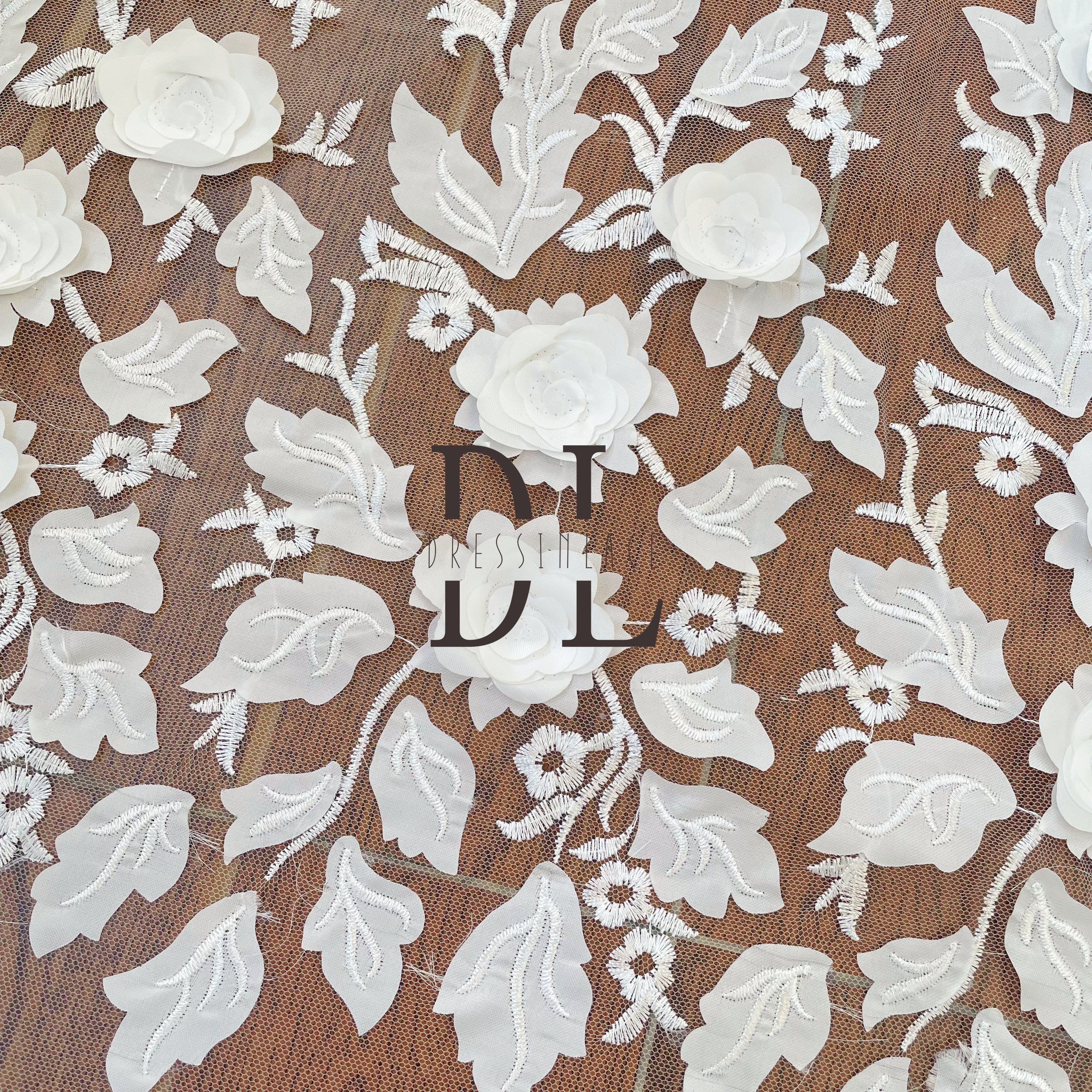 DL130146 Tessuto in pizzo con fiori 3D rosa Tessuti in rete fai da te Accessori per abiti da sposa