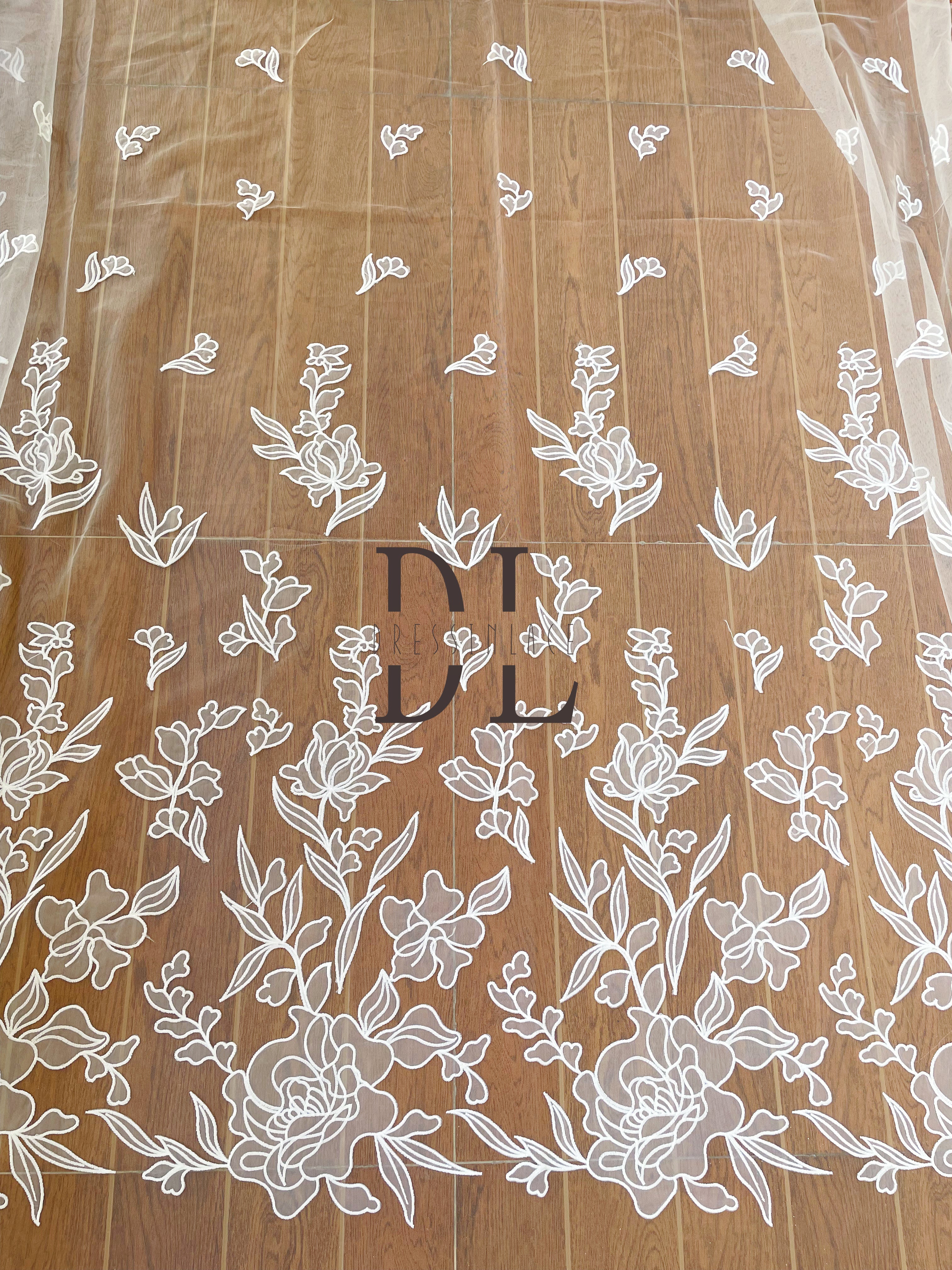 DL130132 Lace Fabric for Wedding Dresses - Soft and Elegant Satin Laser Fabric Floral Pattern with softy mesh