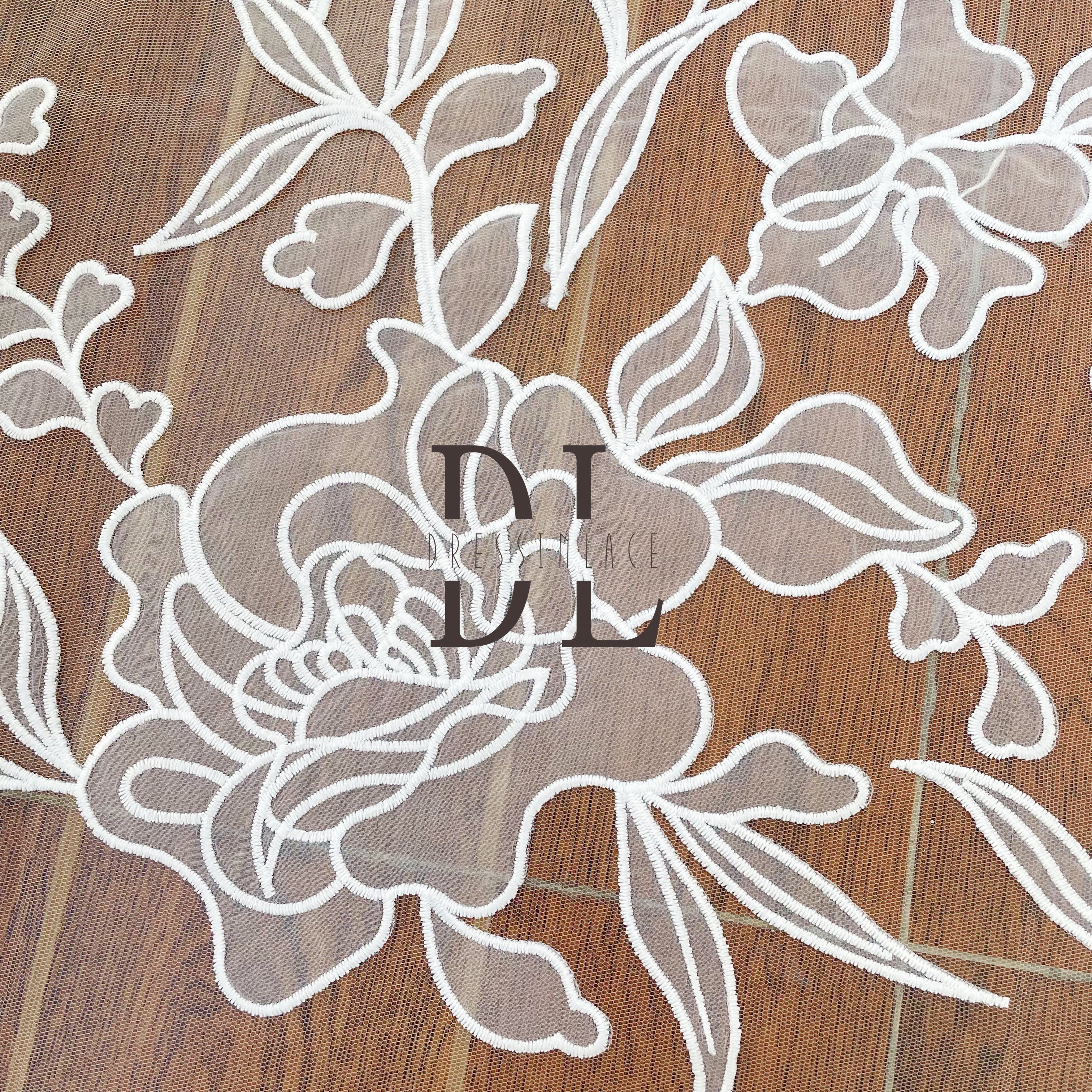 DL130132 Lace Fabric for Wedding Dresses - Soft and Elegant Satin Laser Fabric Floral Pattern with softy mesh