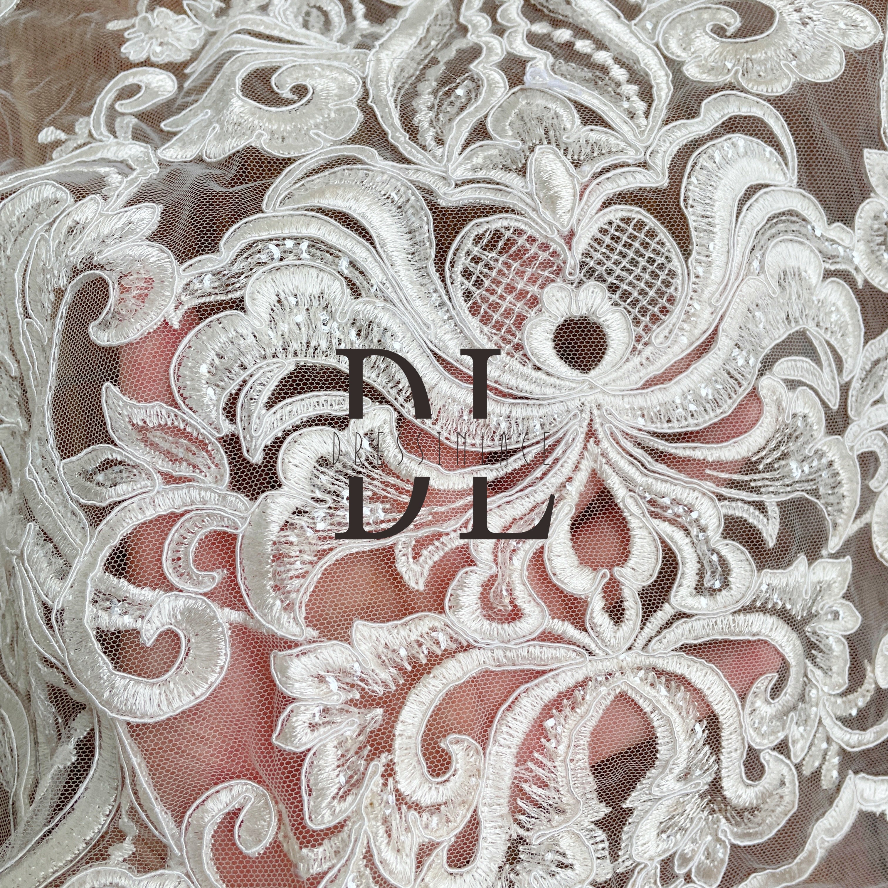 DL130080 Elegant Embroidery Lace Fabric with Shimmering Sequins and Butterfly Silk Ribbon Shape