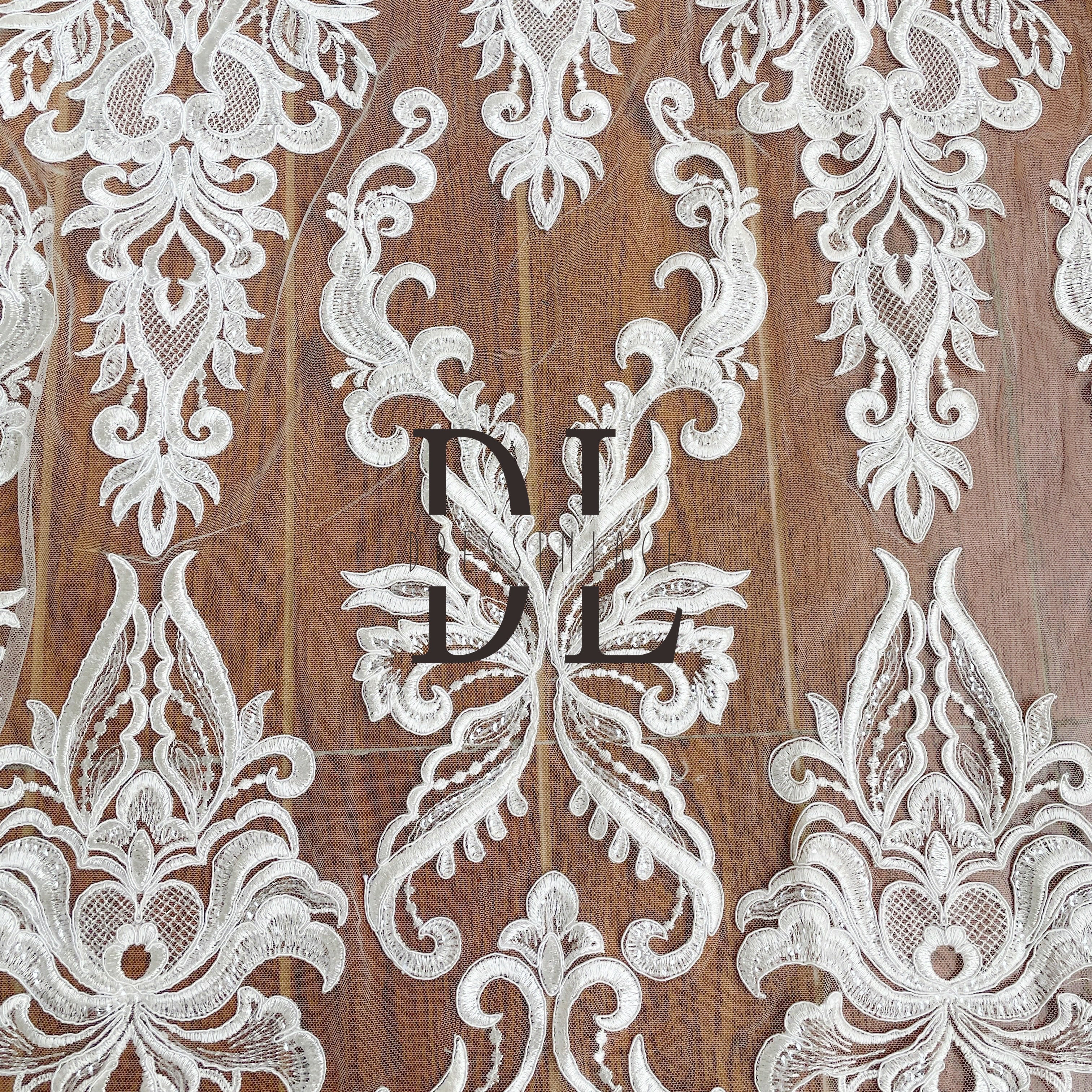 DL130080 Elegant Embroidery Lace Fabric with Shimmering Sequins and Butterfly Silk Ribbon Shape