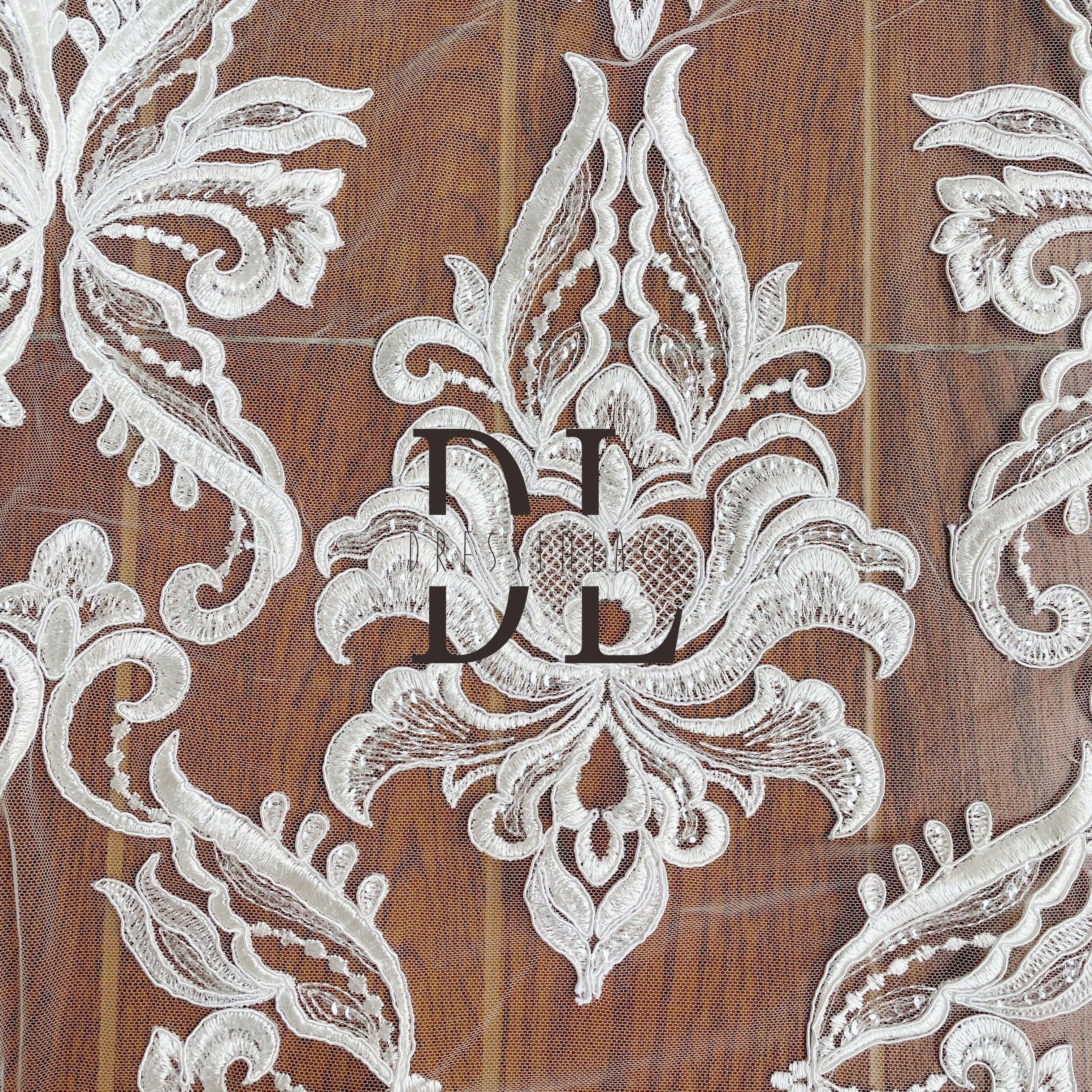 DL130080 Elegant Embroidery Lace Fabric with Shimmering Sequins and Butterfly Silk Ribbon Shape