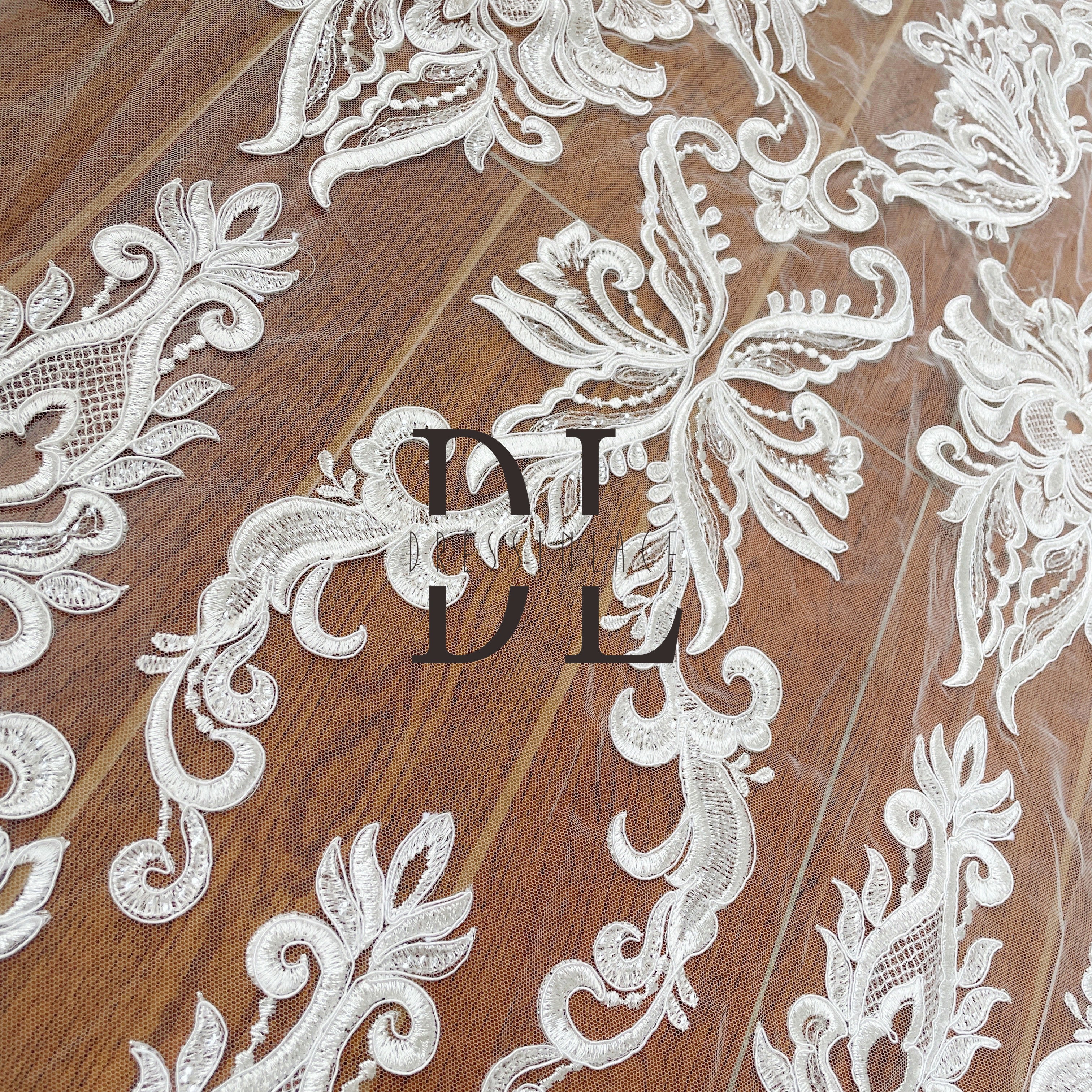 DL130080 Elegant Embroidery Lace Fabric with Shimmering Sequins and Butterfly Silk Ribbon Shape