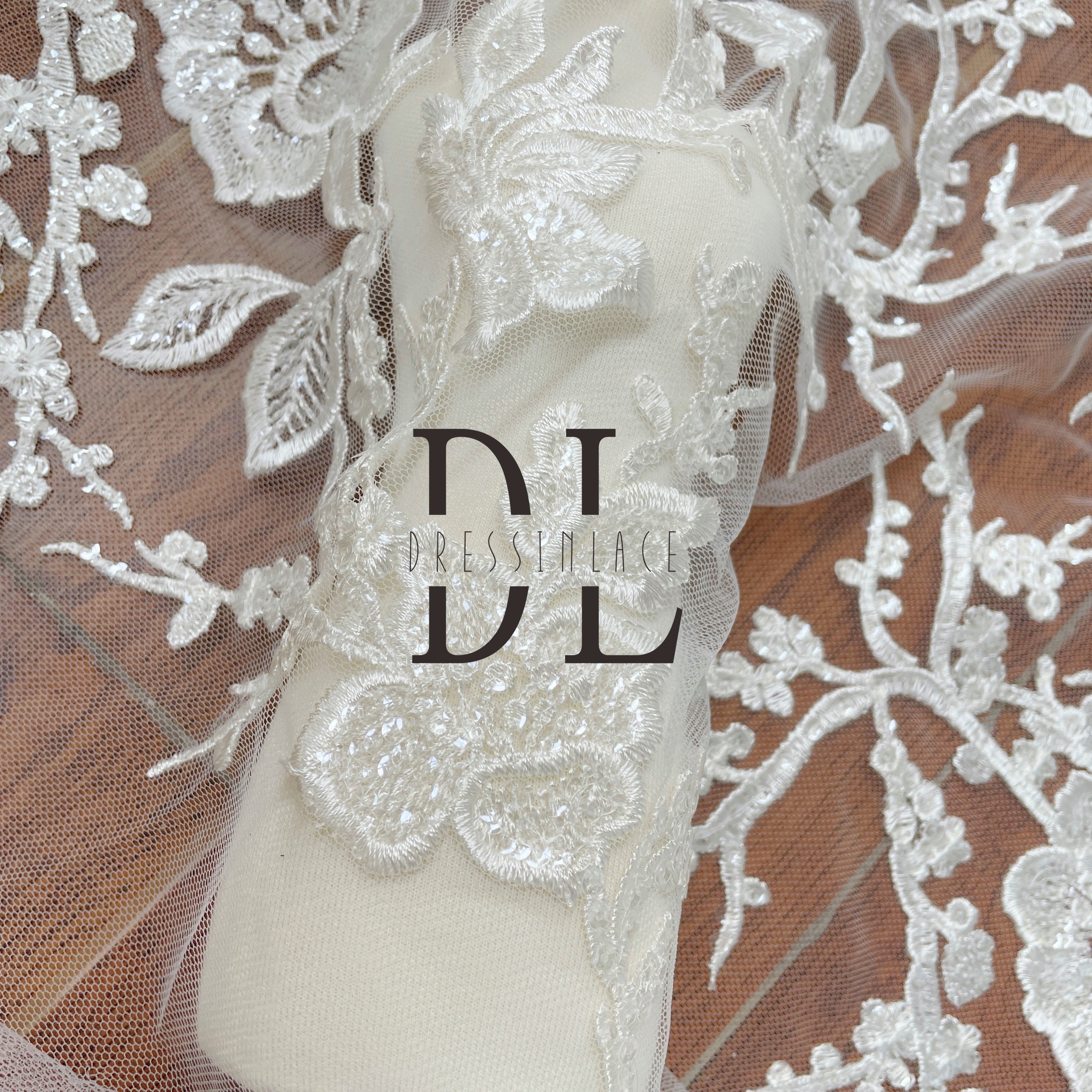 DL130081 Cute Sparkling Flower Embroidery Lace Fabric - Perfect for Wedding Dresses and More