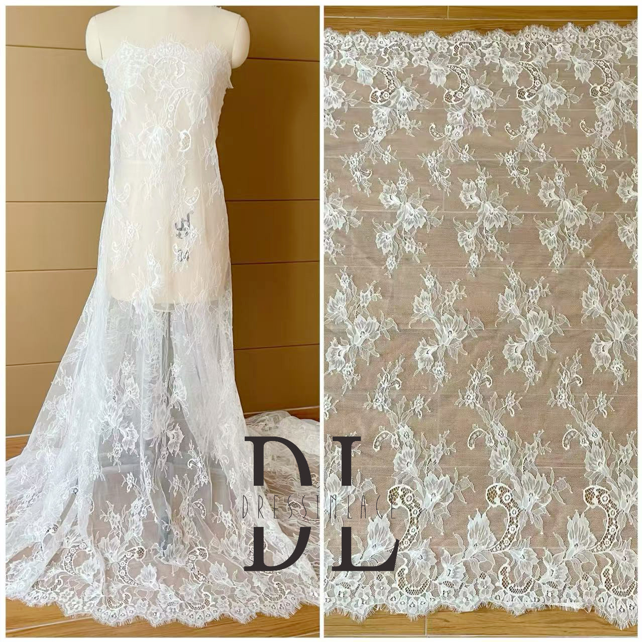 DL15104 Boho Fabrics Delicato tessuto in pizzo Chantilly per abiti da sposa - Materiale per ciglia morbido e squisito