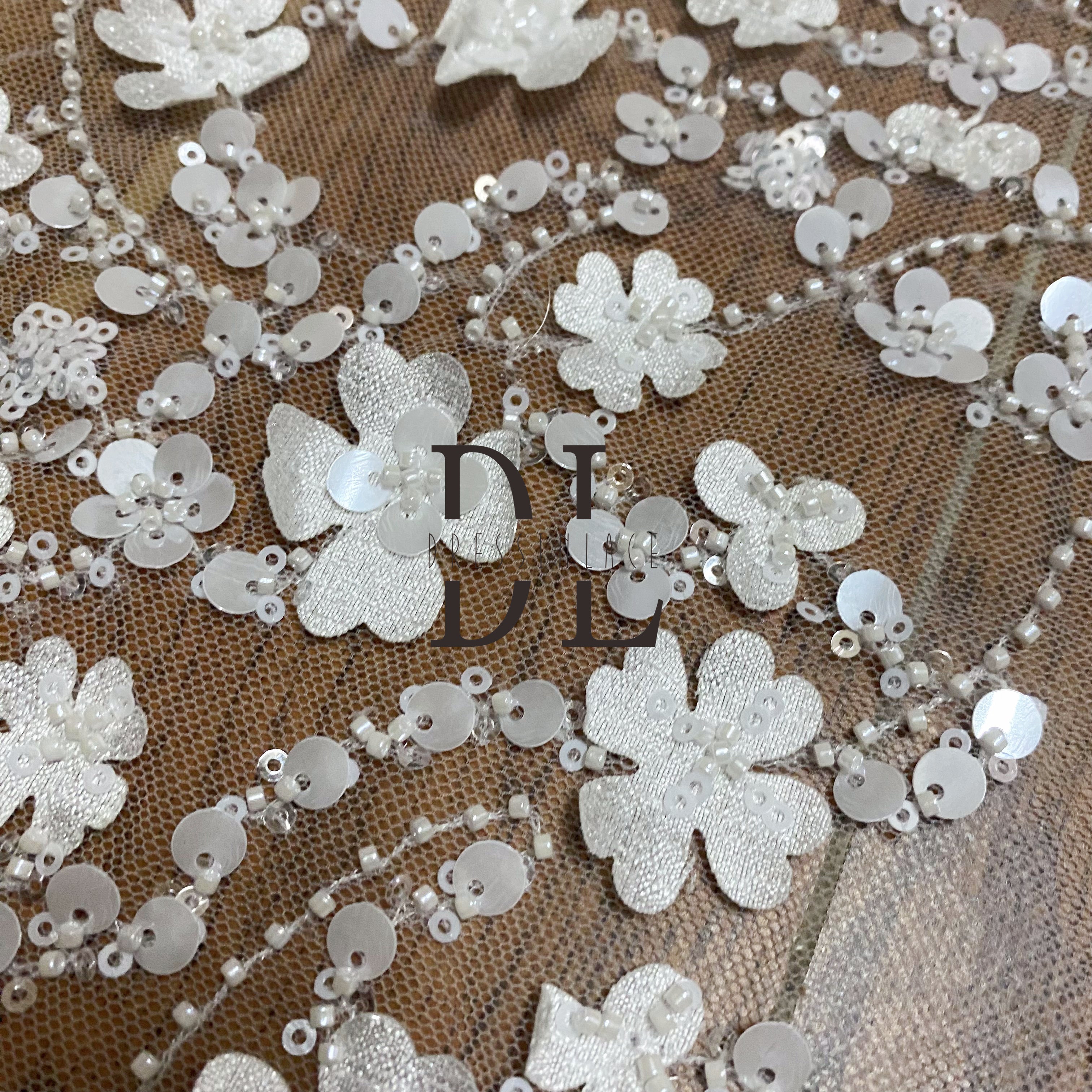 DL130127 Sewing Accessories 3D satin flowers lace fabric with sequins forBridal Wedding Dresses