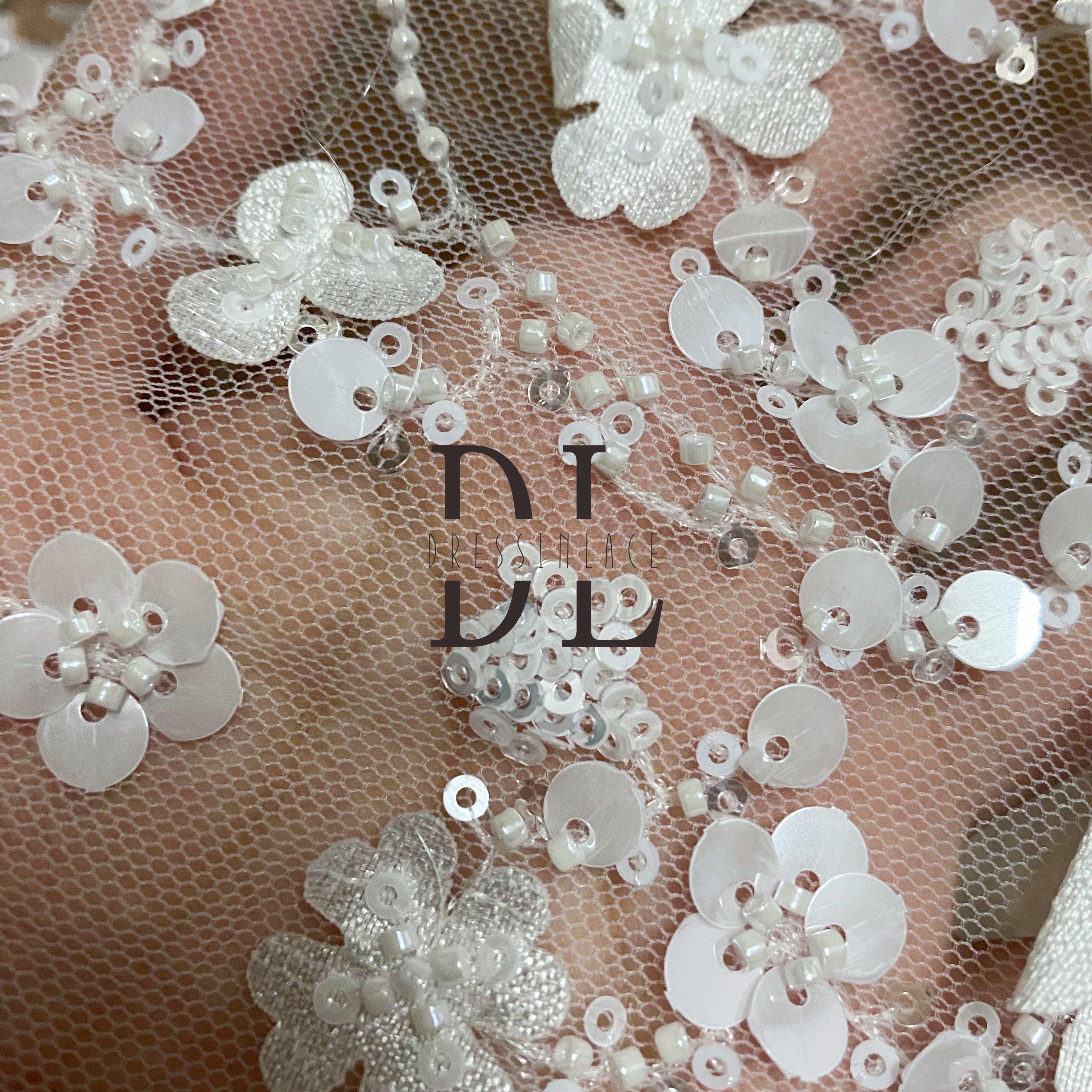 DL130127 Sewing Accessories 3D satin flowers lace fabric with sequins forBridal Wedding Dresses