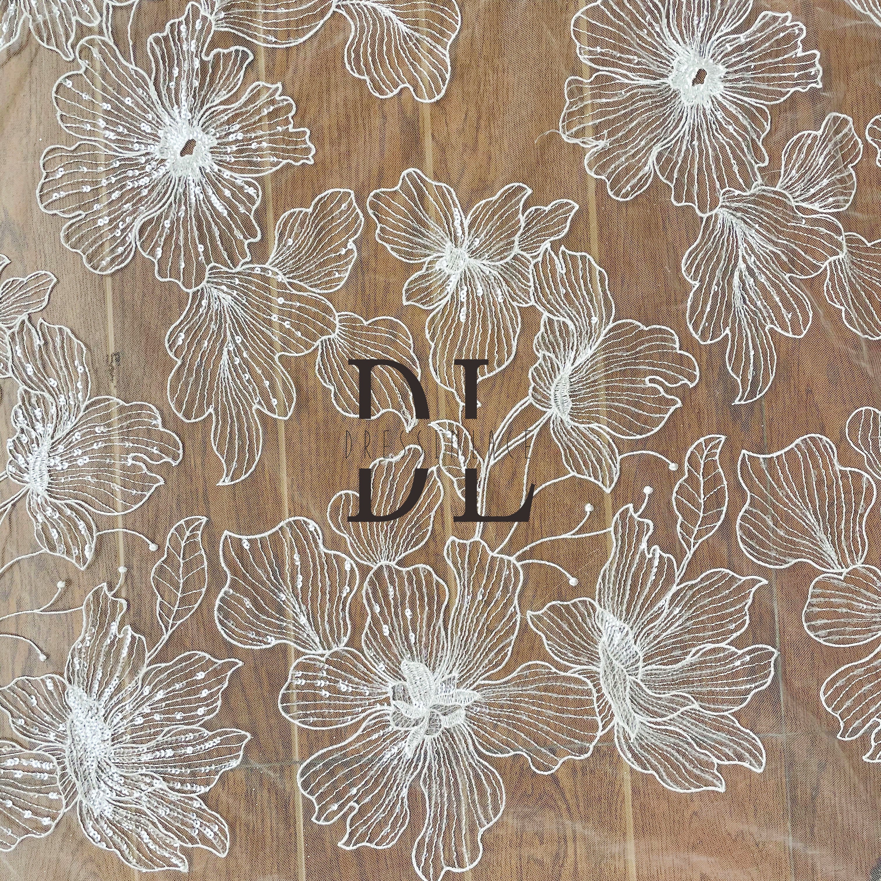 DL130115 Telas de encaje con lentejuelas y flores - Tul suave con flores bordadas - Calidad superior y precio asequible - Ideal para entusiastas de las telas de encaje