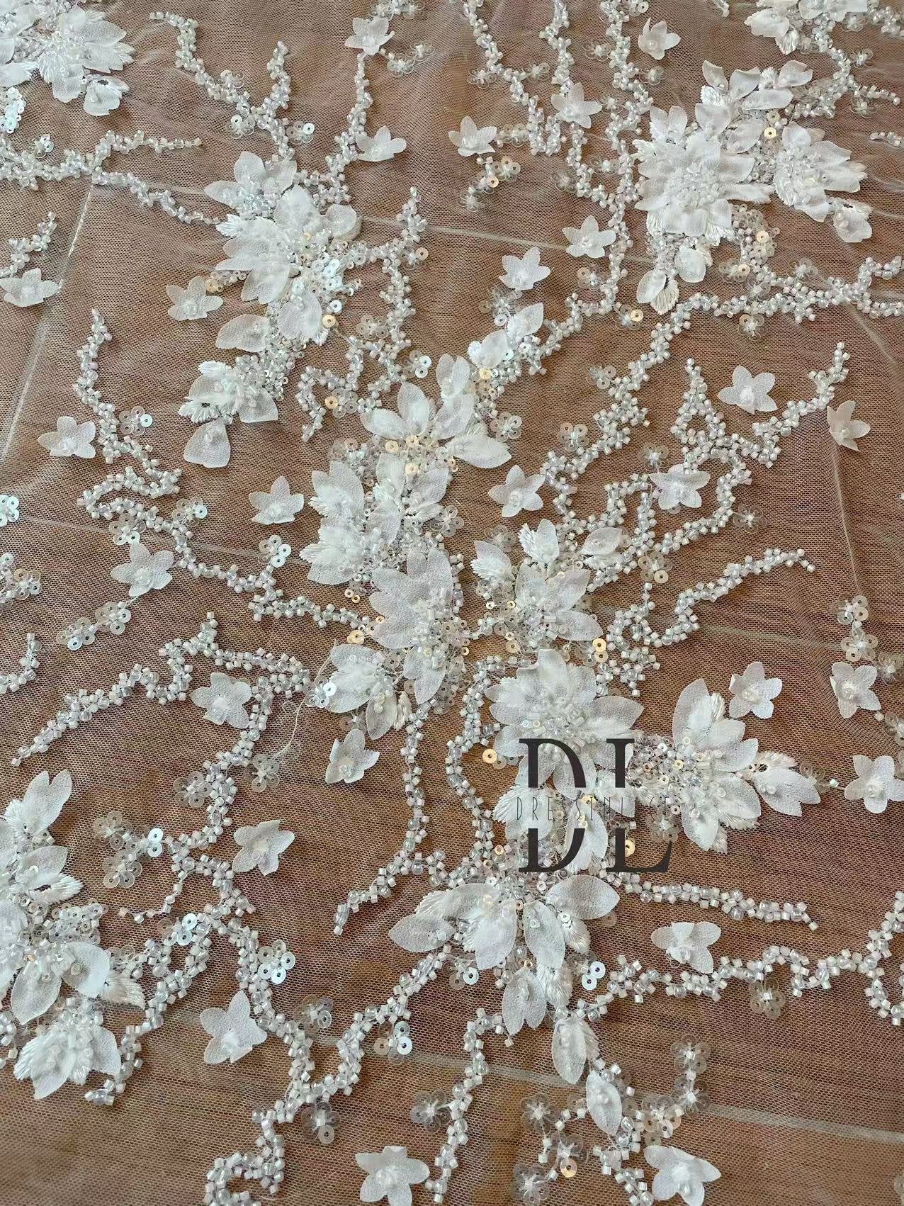 DL130226 Chiffon 3d flowers bridal lace fabric with beads and sequins for wedding dress, noiva dresses, width 130cm