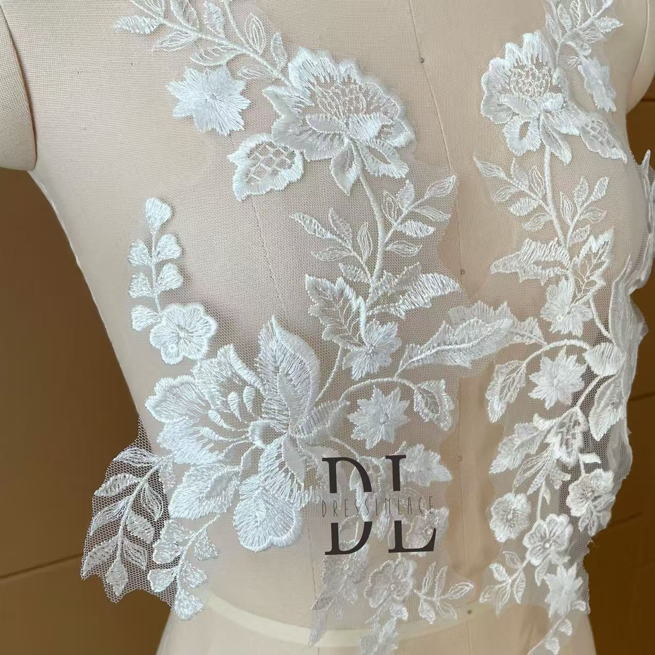 DLM2304 Bridal Lace Appliques with sequins for wedding dresses, bride veils and home textiles