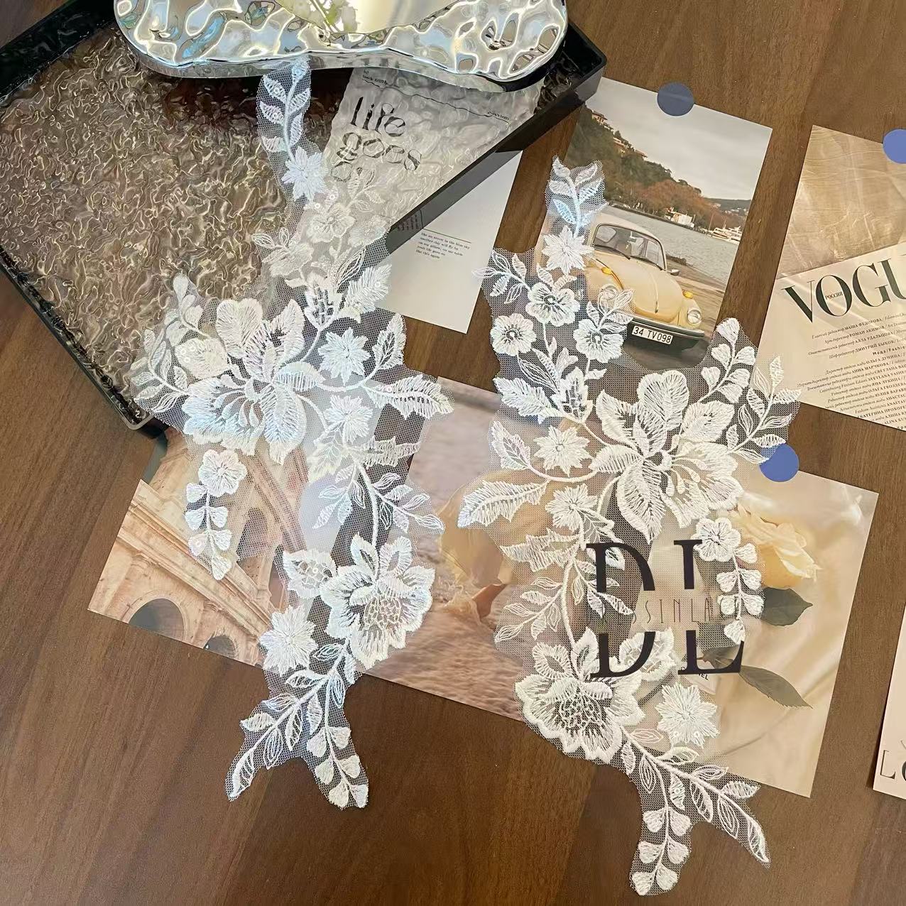 DLM2304 Bridal Lace Appliques with sequins for wedding dresses, bride veils and home textiles