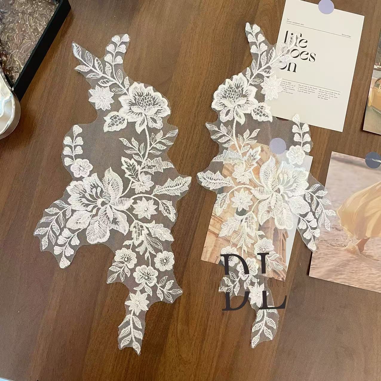 DLM2304 Bridal Lace Appliques with sequins for wedding dresses, bride veils and home textiles