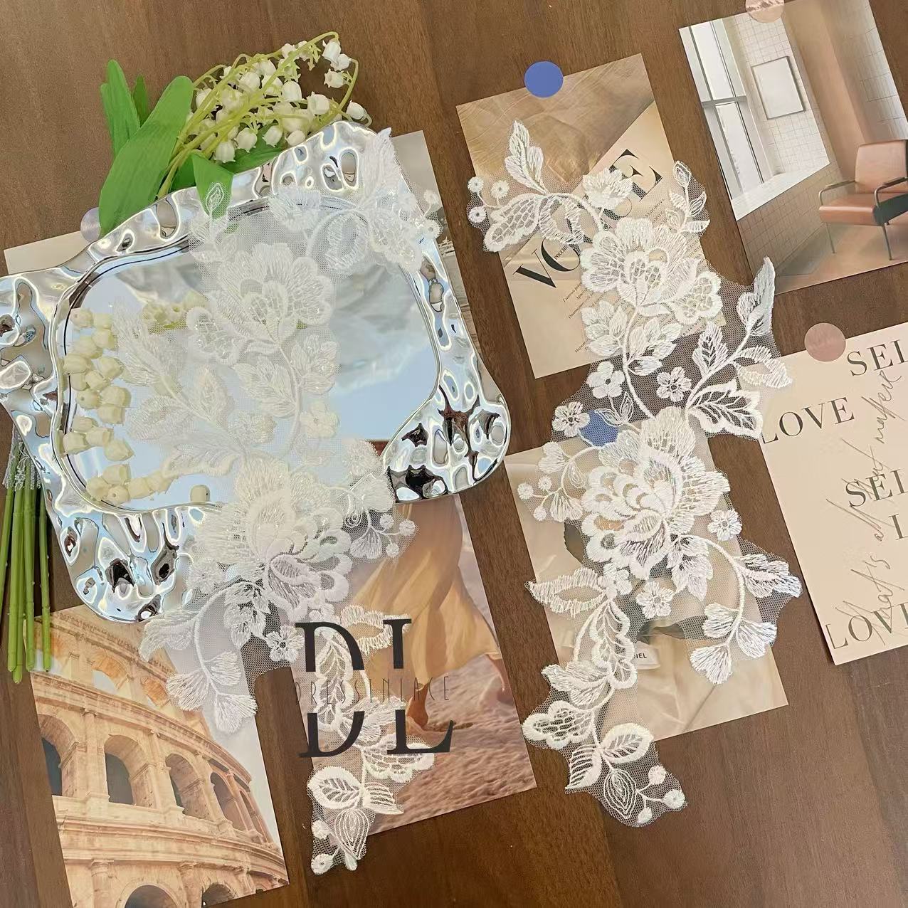 DLM2301 Bridal Lace Appliques with sequins for wedding dresses, bride veils and home textiles