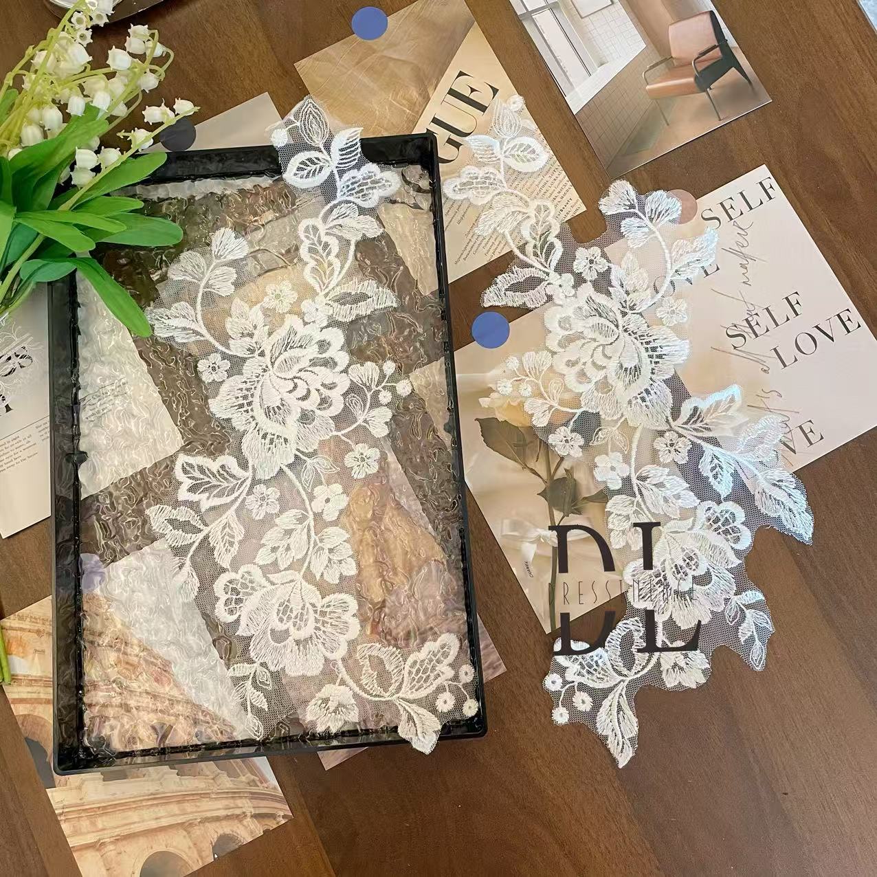 DLM2301 Bridal Lace Appliques with sequins for wedding dresses, bride veils and home textiles