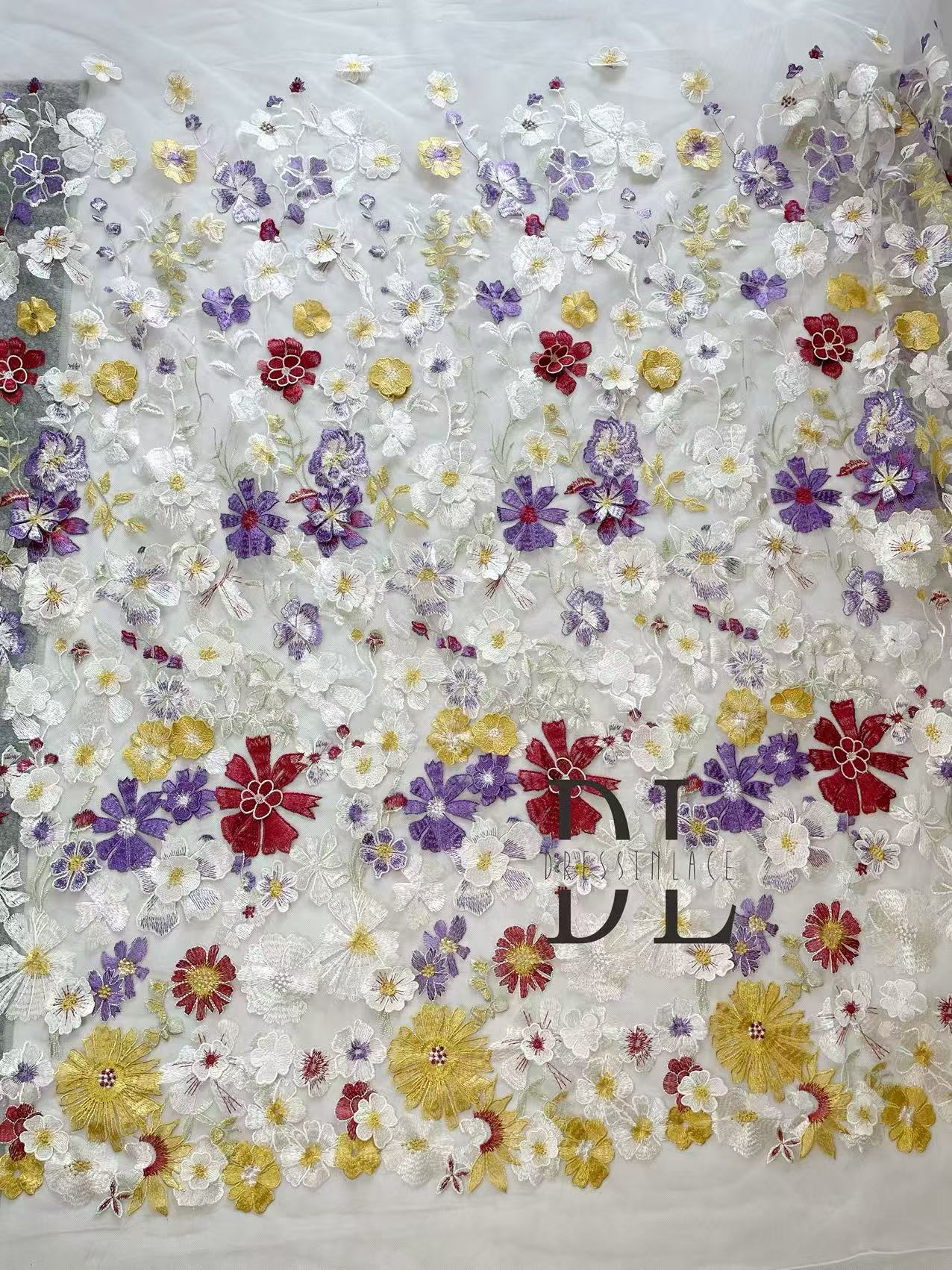 DL130233 Colorful 3d flowers embroidery lace fabric for bride wearing dresses, veils and home textiles