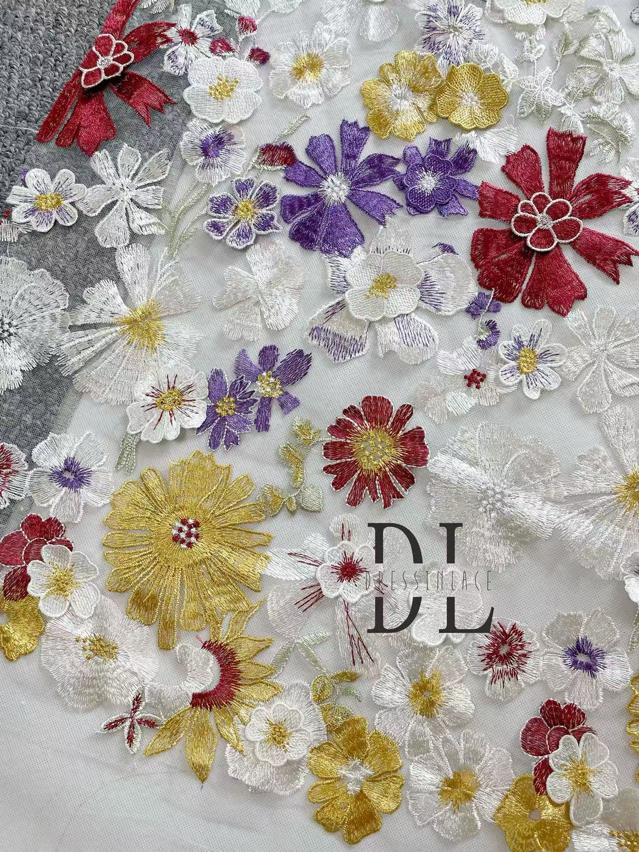 DL130233 Colorful 3d flowers embroidery lace fabric for bride wearing dresses, veils and home textiles