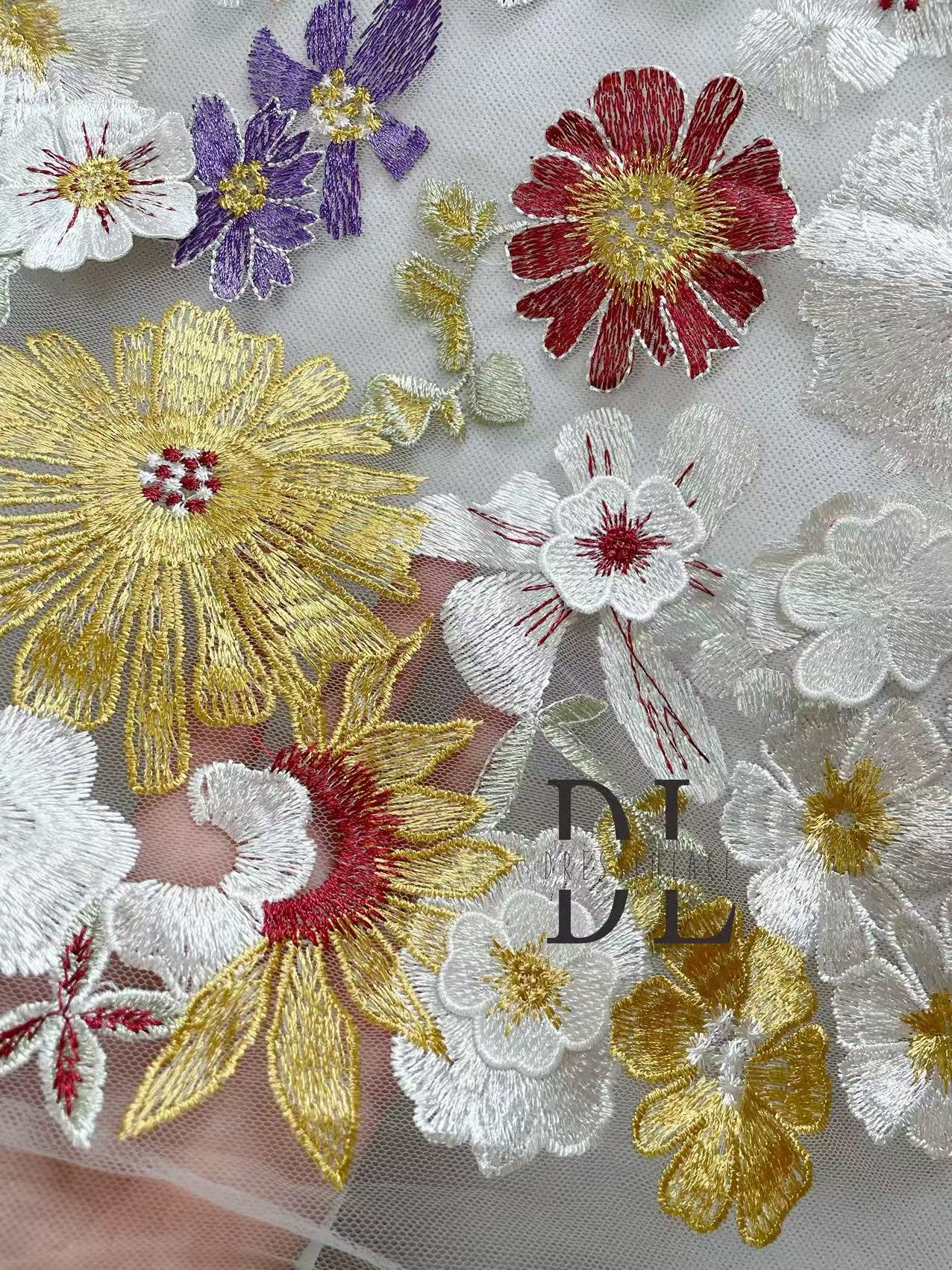 DL130233 Colorful 3d flowers embroidery lace fabric for bride wearing dresses, veils and home textiles