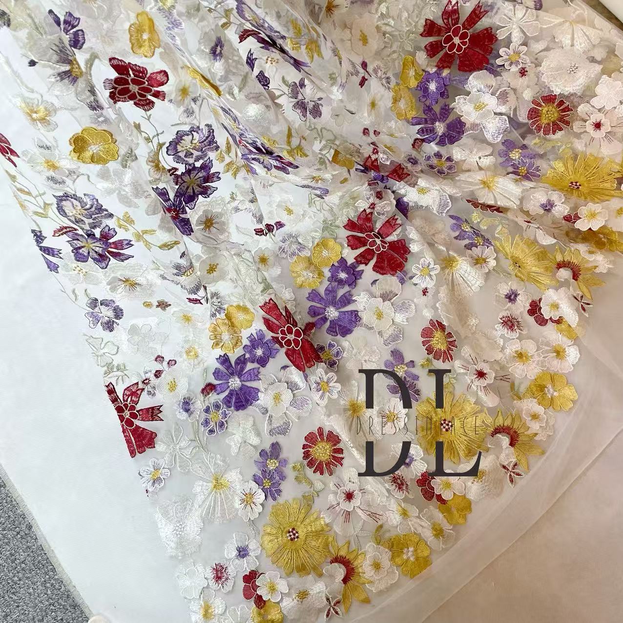 DL130233 Colorful 3d flowers embroidery lace fabric for bride wearing dresses, veils and home textiles