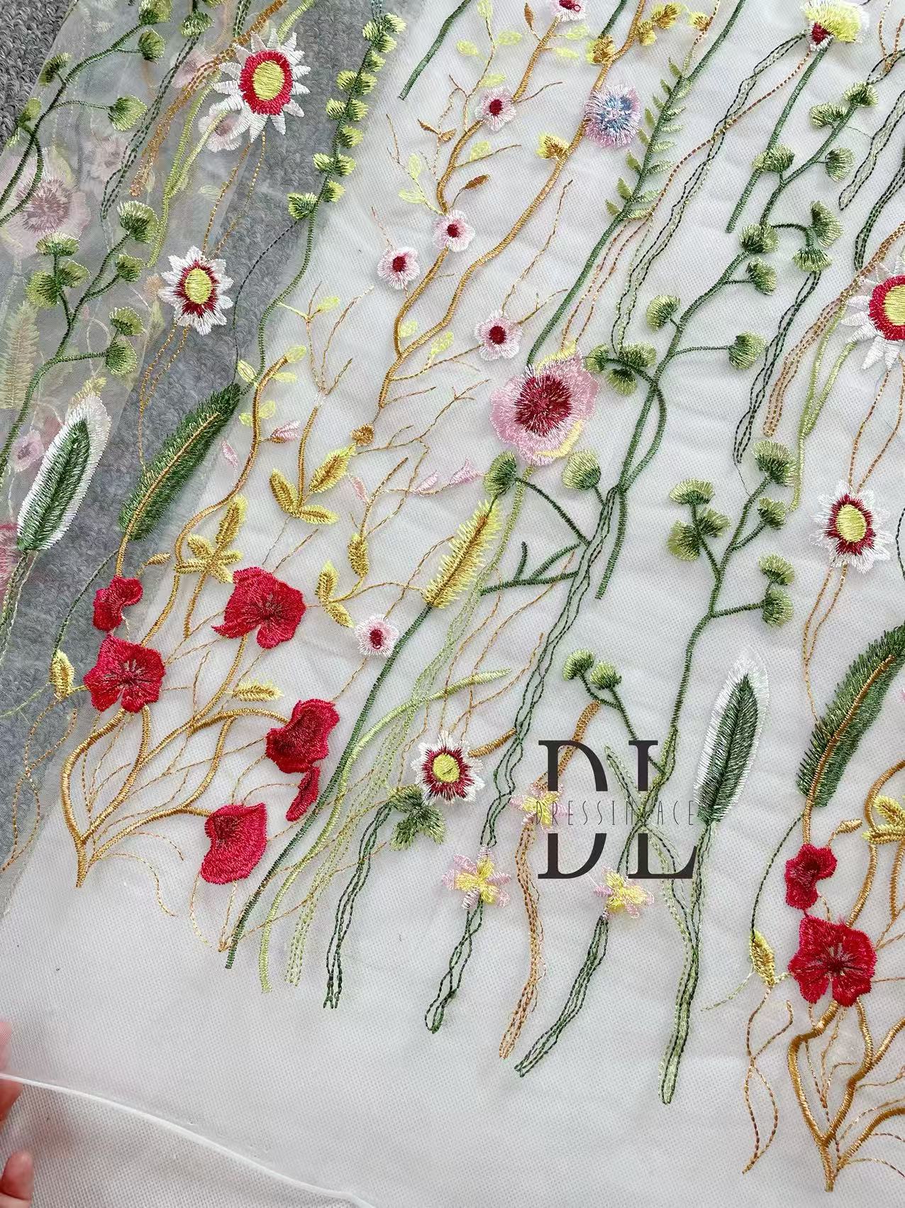 DL130232 Colorful flower embroidered lace fabric for bride wearing dresses, veils and home textiles