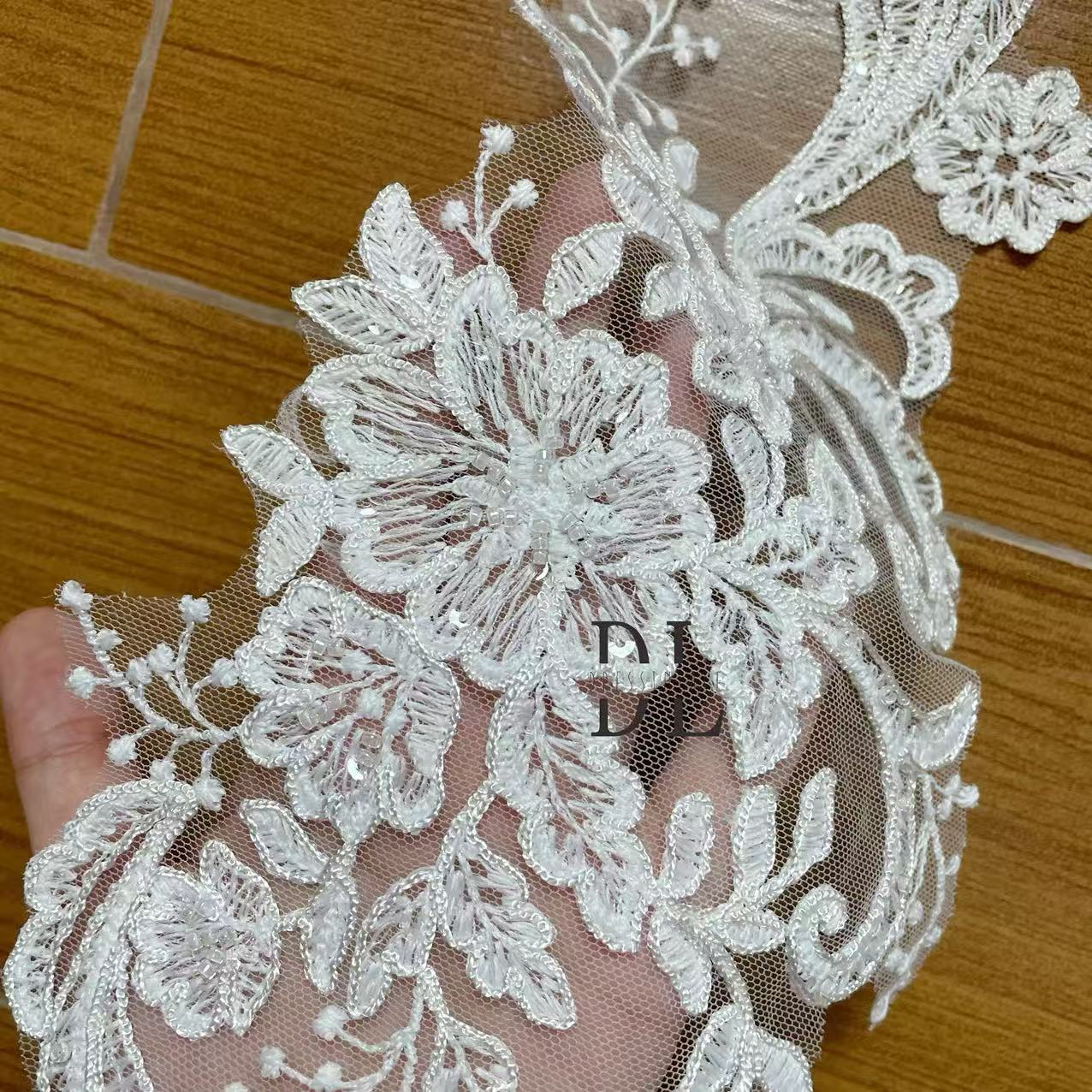 DLM2313 Bridal Lace Appliques with sequins for wedding dresses, formal gowns, veils and home textiles