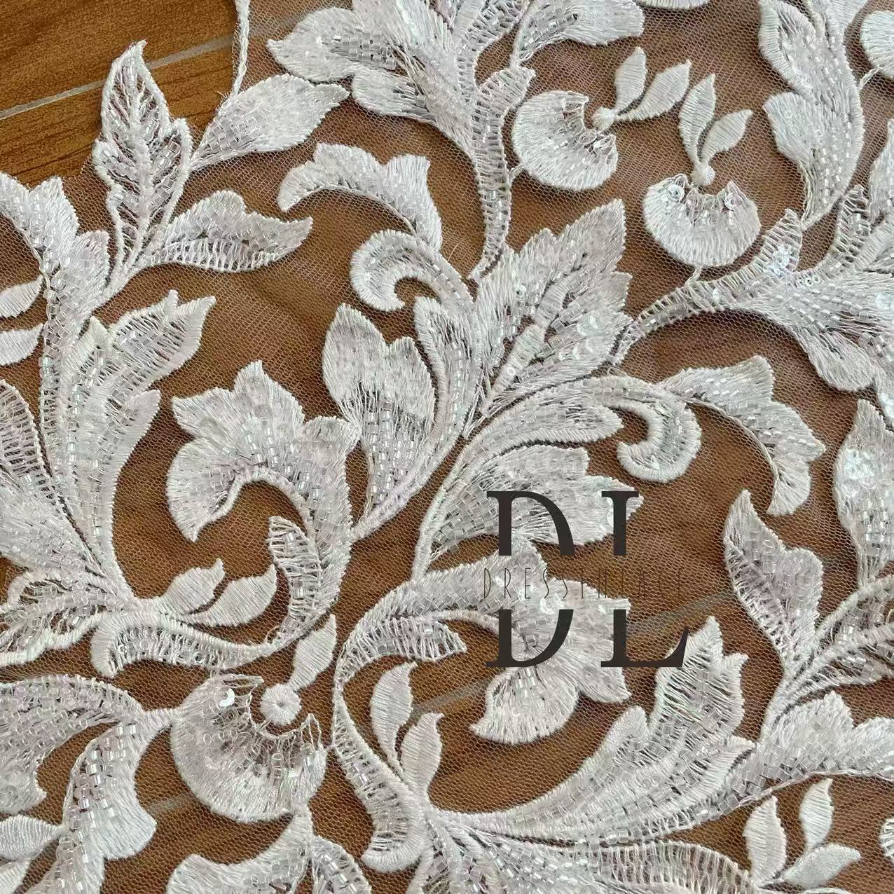 DLM2327 embroidered lace appliques with beads sequins for Bride wedding dresses Lace motifs, bridal veils accessories