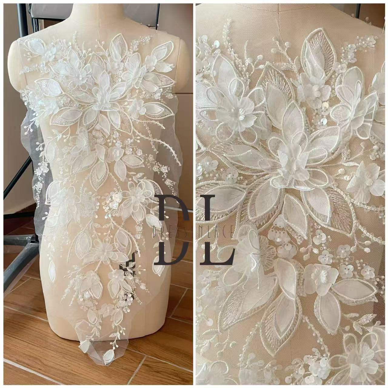 DLM2335 3d flowers lace appliques with beads sequins for Bride wedding dresses Lace motifs, bridal veils accessories