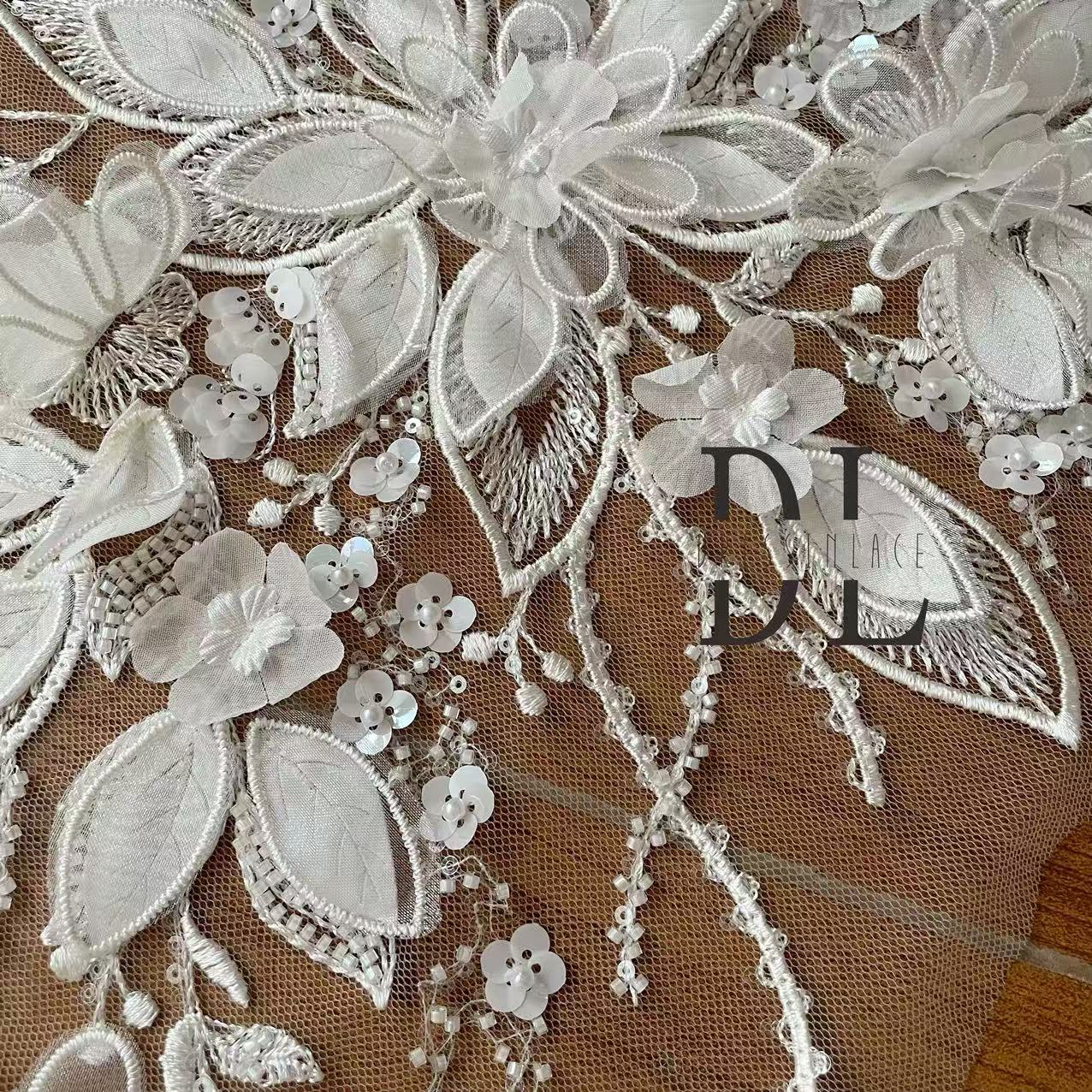 DLM2335 3d flowers lace appliques with beads sequins for Bride wedding dresses Lace motifs, bridal veils accessories