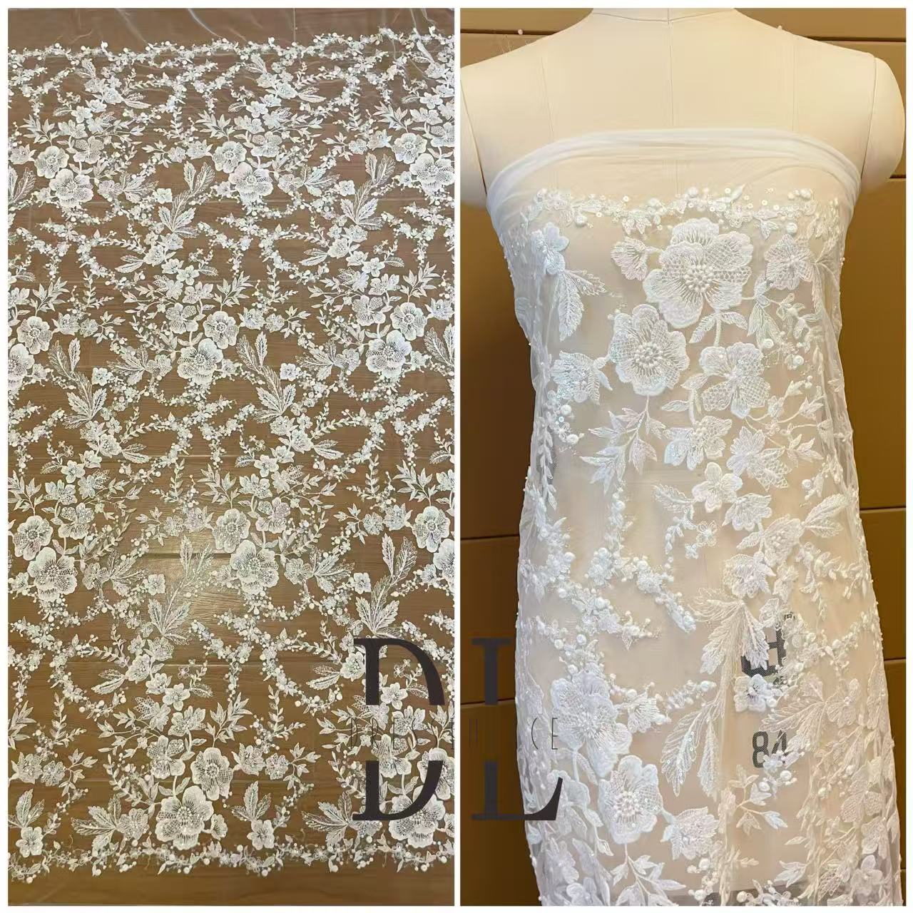 DL130246 beaded Embroidered Lace Fabric with flowers pattern for Wedding Dresses Novias gowns)