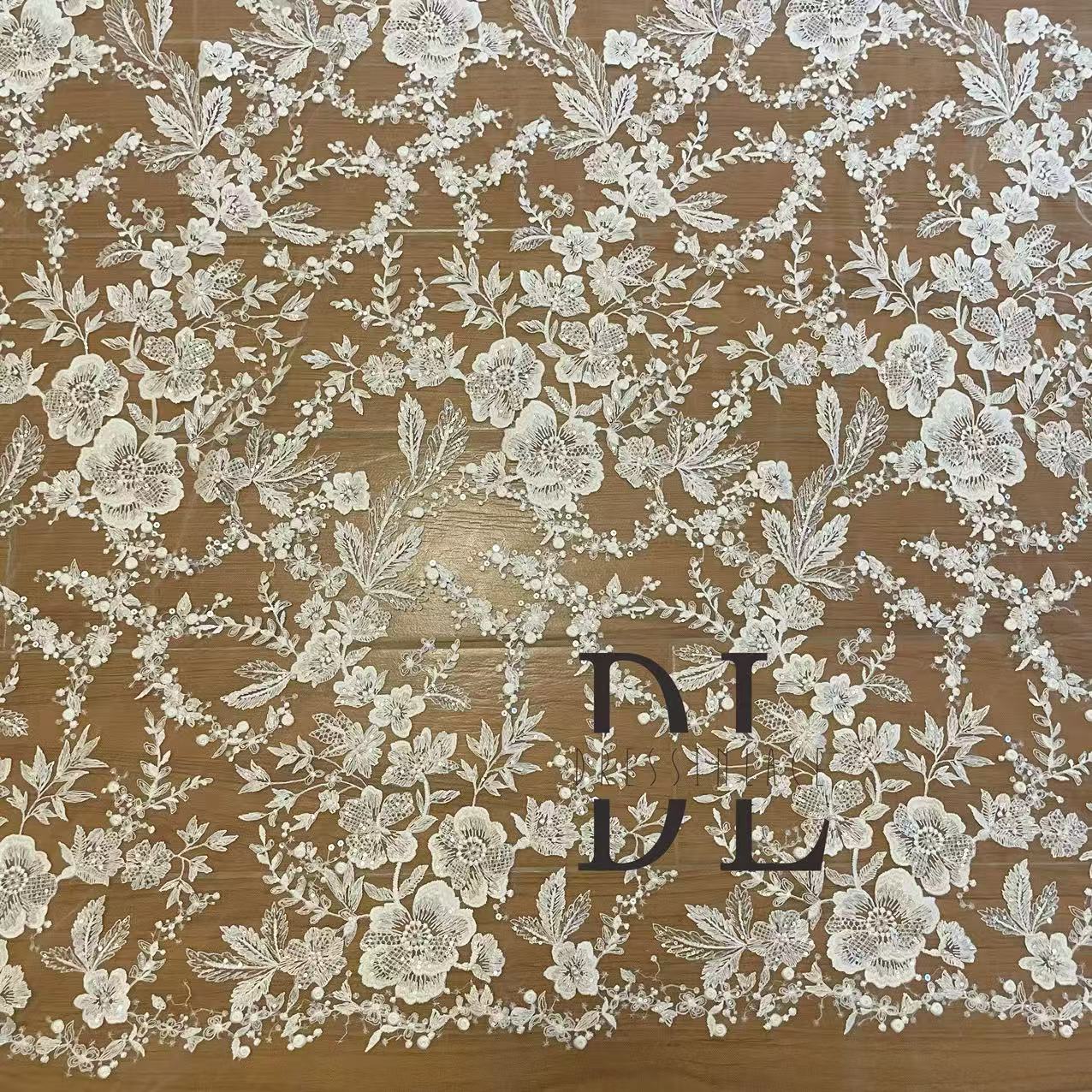 DL130246 beaded Embroidered Lace Fabric with flowers pattern for Wedding Dresses Novias gowns)