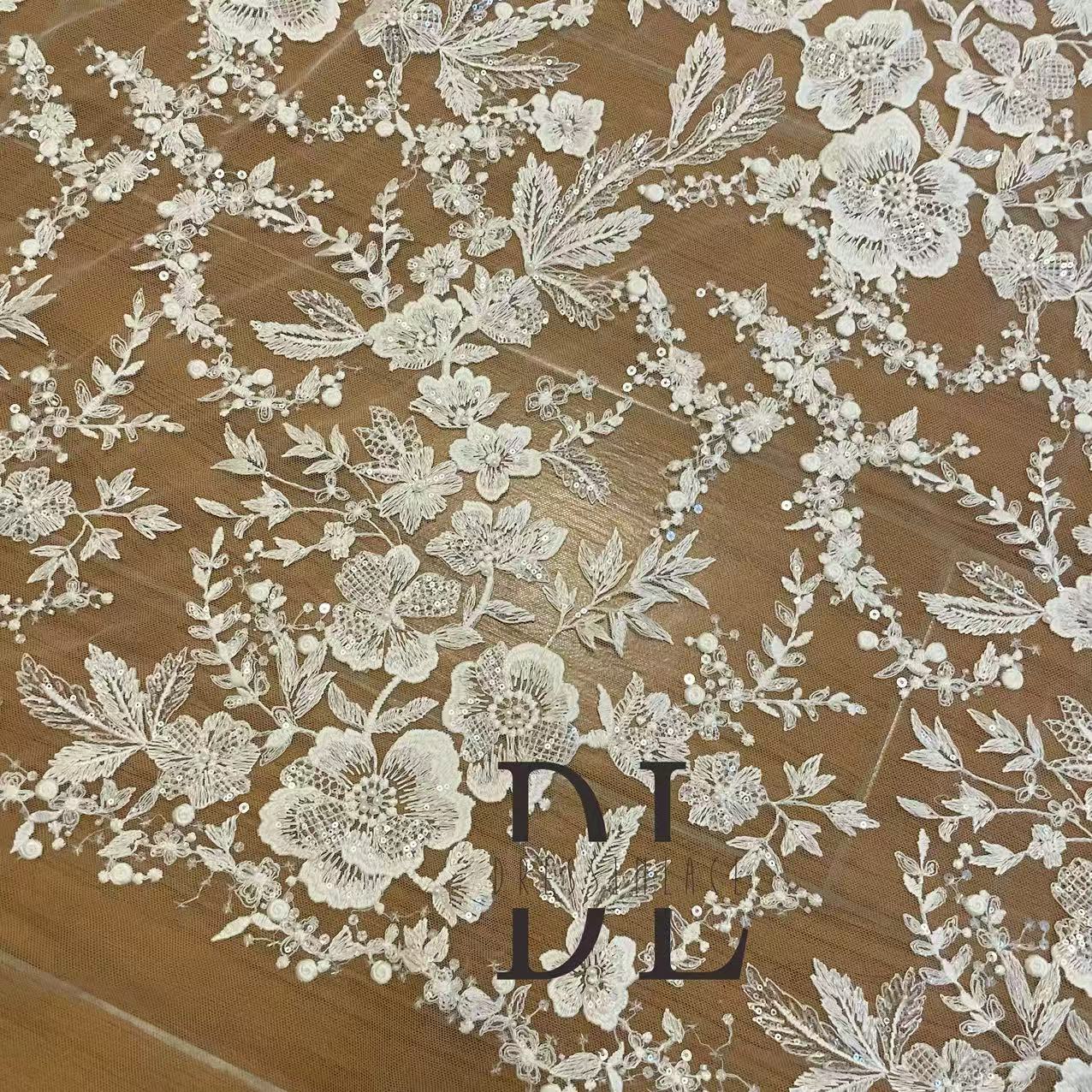DL130246 beaded Embroidered Lace Fabric with flowers pattern for Wedding Dresses Novias gowns)
