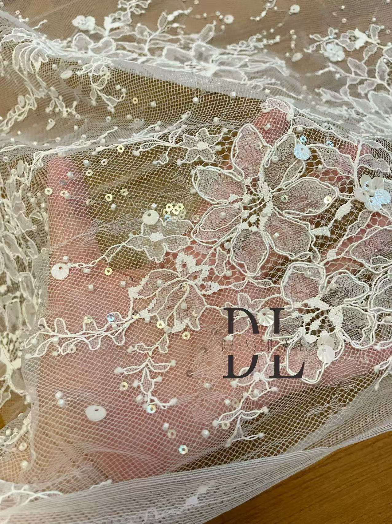 DL130249 Bridal lace fabric with beads and cording for bridal wedding dresses, boho dresses
