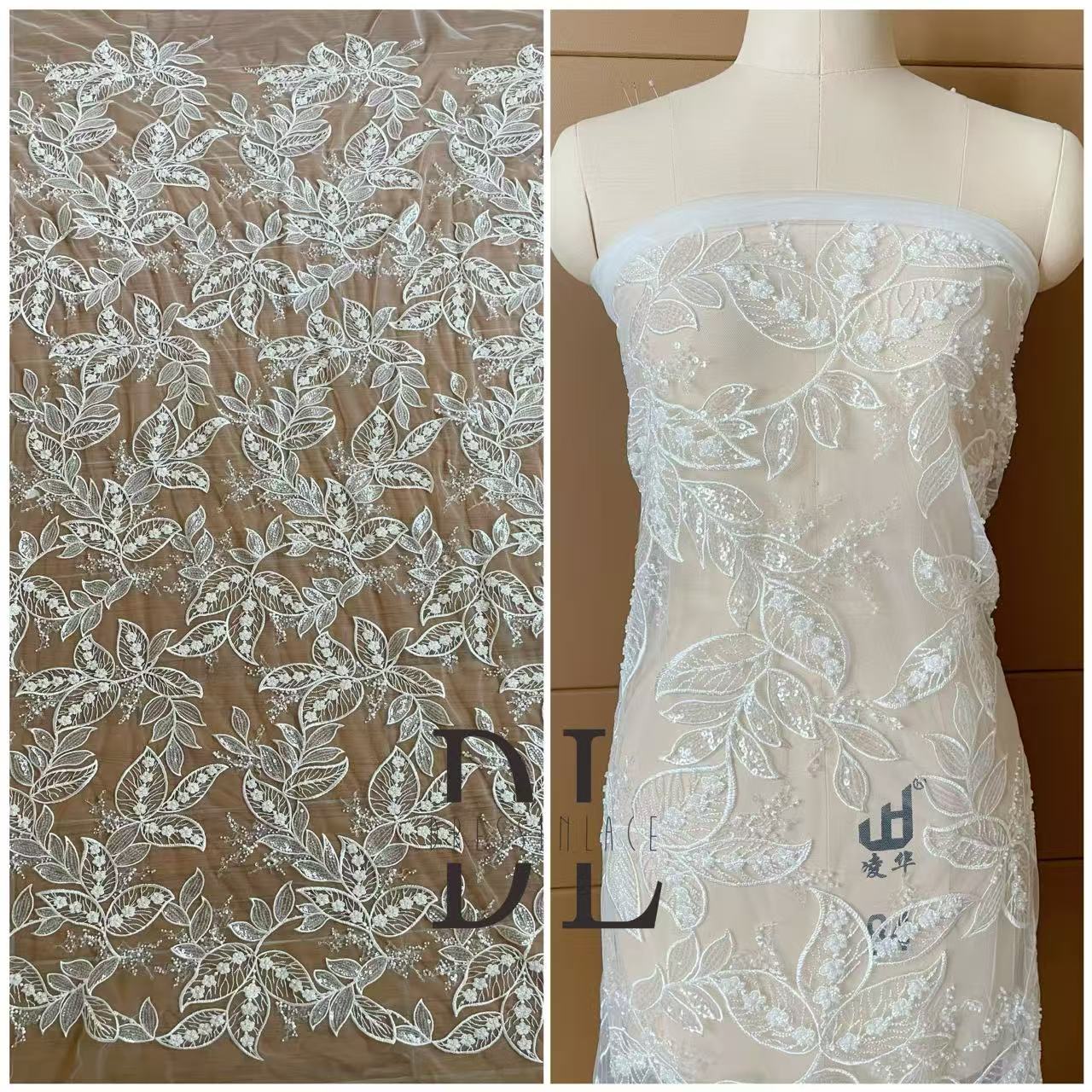 DL130009 Elegante tejido de encaje bordado con un impresionante diseño para vestido de novia DL130009
