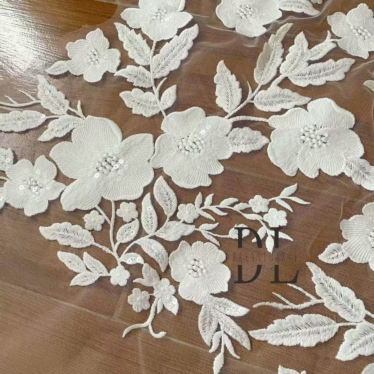 DL130255 High quality Bridal lace fabric with sequins for formal gowns, wedding dresses, DIY bride veils