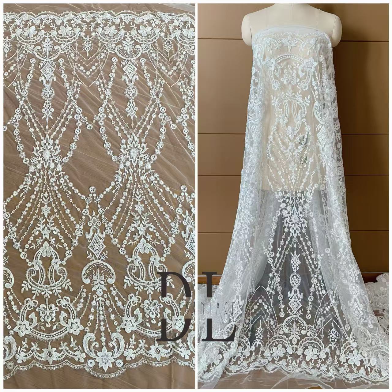 DL130009 Elegante tejido de encaje bordado con un impresionante diseño para vestido de novia DL130009