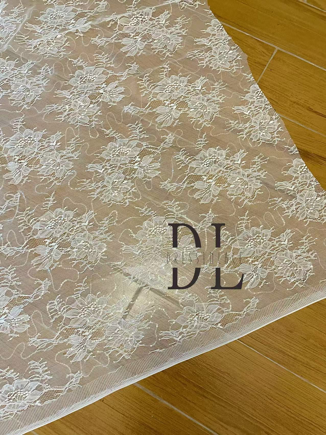 DL130263 Bridal lace fabric with sequins for formal gowns, wedding dresses, home textiles accessories