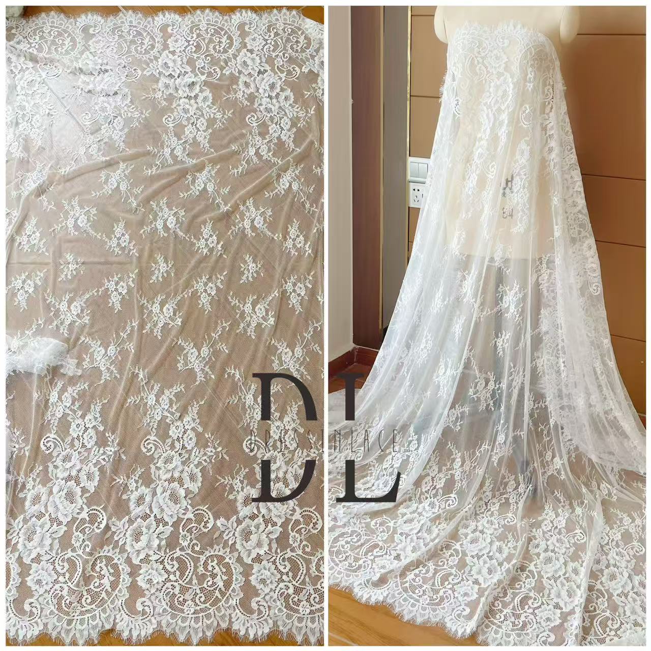 DL15104 Boho Fabrics Delicada tela de encaje Chantilly para vestidos de novia: material de pestañas suave y exquisito
