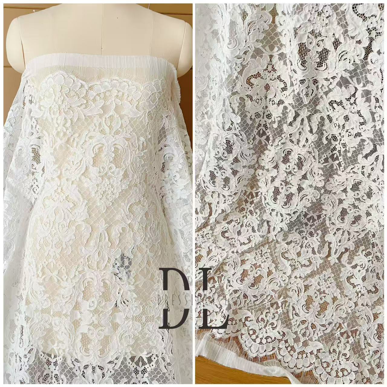 DL15104 Boho Fabrics Delicada tela de encaje Chantilly para vestidos de novia: material de pestañas suave y exquisito