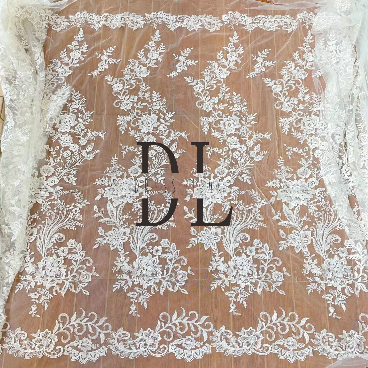 DL130001 Professional Embroidery Lace Fabric for Wedding Dresses – Shimmering and Transparent with Soft, Skin-Friendly Texture