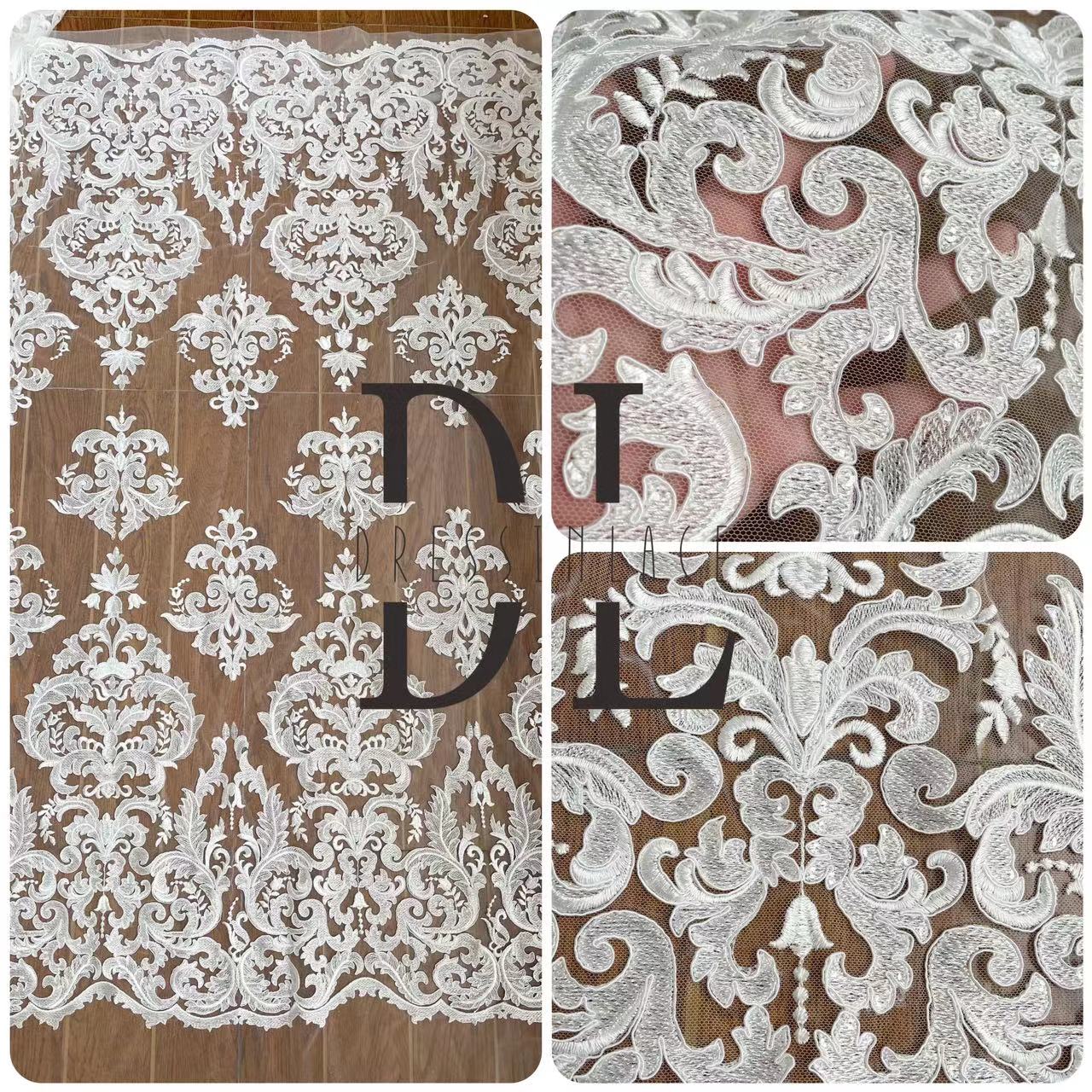 DL130116 Elegante tessuto in pizzo ricamato con paillettes scintillanti - Perfetto per abiti da sposa DL130116