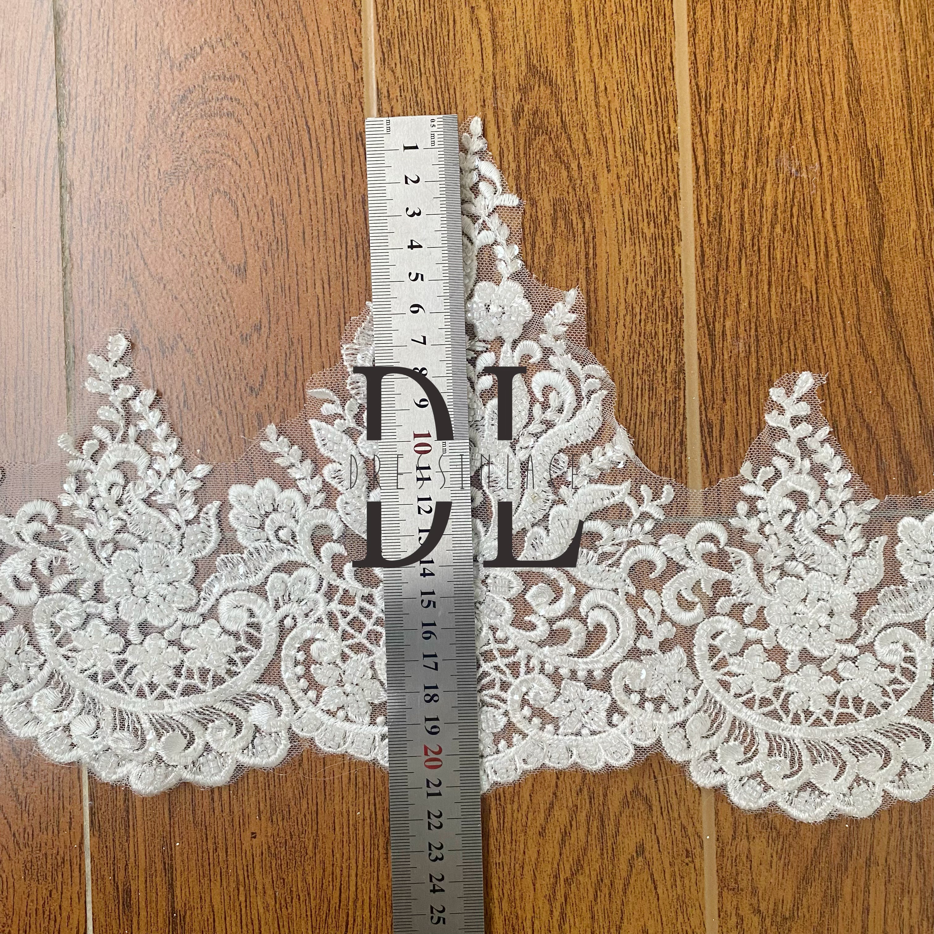 DLX21236 Exquisite Embroidery Lace Trims Beads and Sequins width 21cm for bride veils