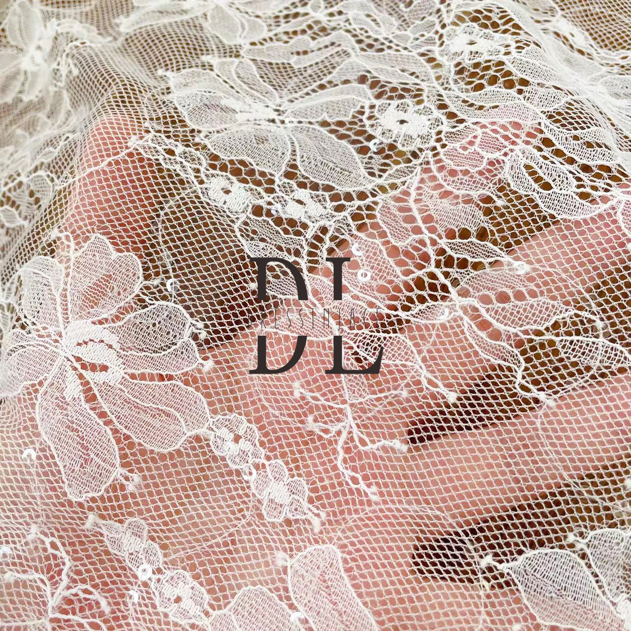 DL130109 Sparkling Lace Fabric: Shinny sequins on soft flower lace fabric