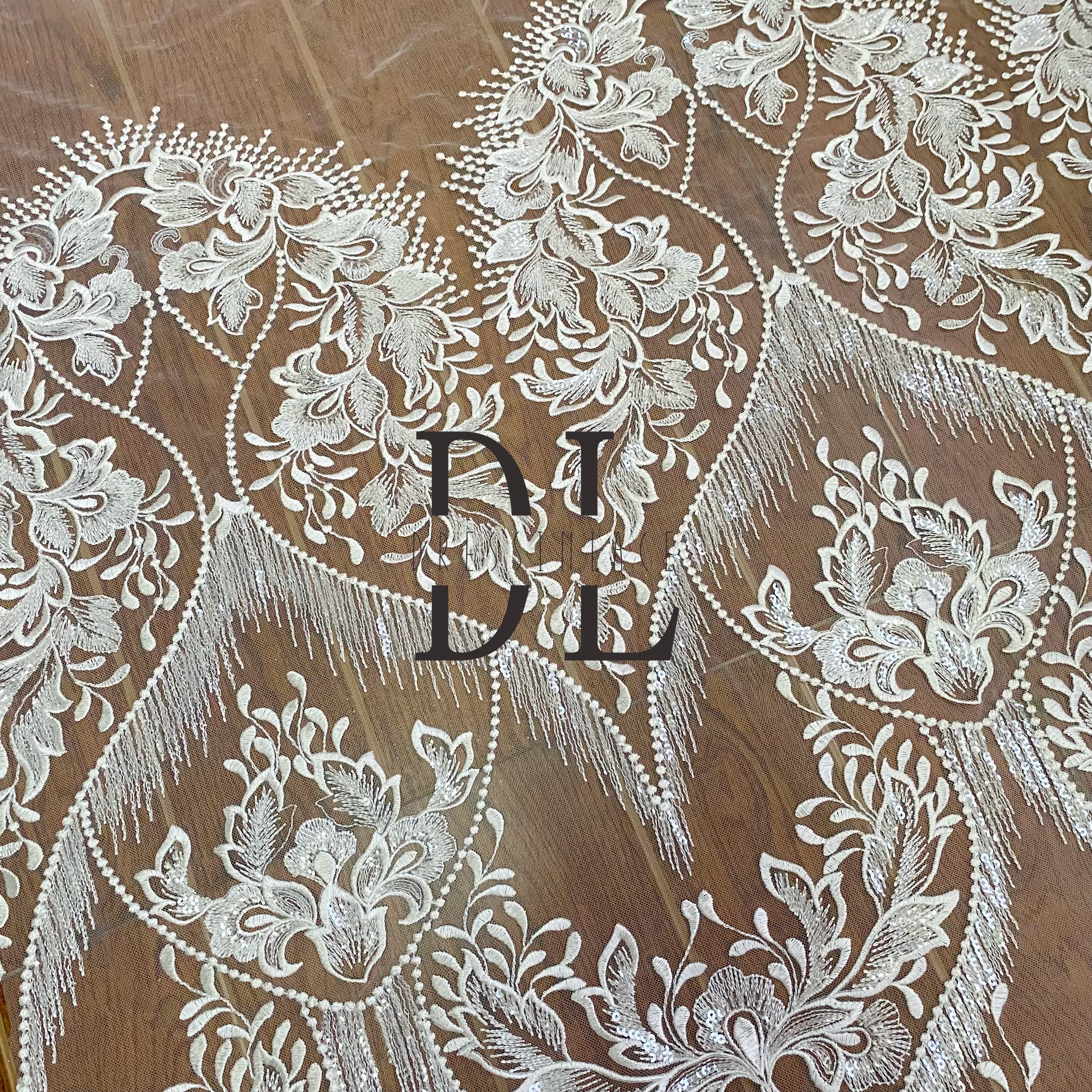 DL130135 Embroidery Lace Fabric for Bridal Wedding Dresses – Shiny Transparent with Soft, Skin-Friendly Mesh DL130135