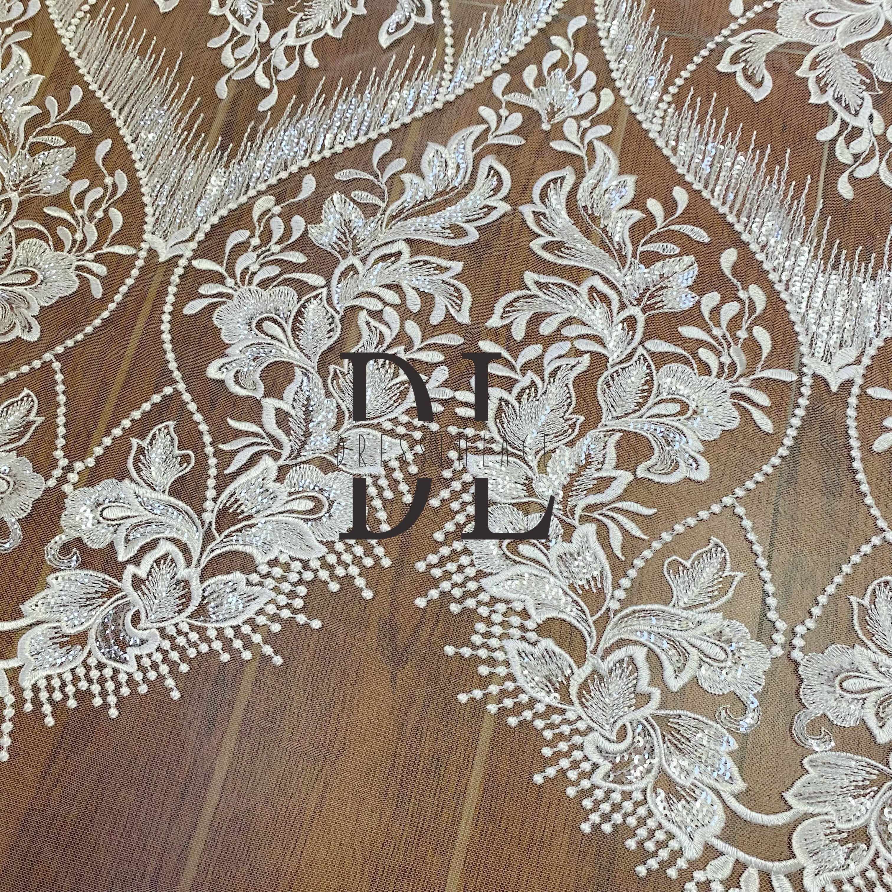 DL130135 Embroidery Lace Fabric for Bridal Wedding Dresses – Shiny Transparent with Soft, Skin-Friendly Mesh DL130135