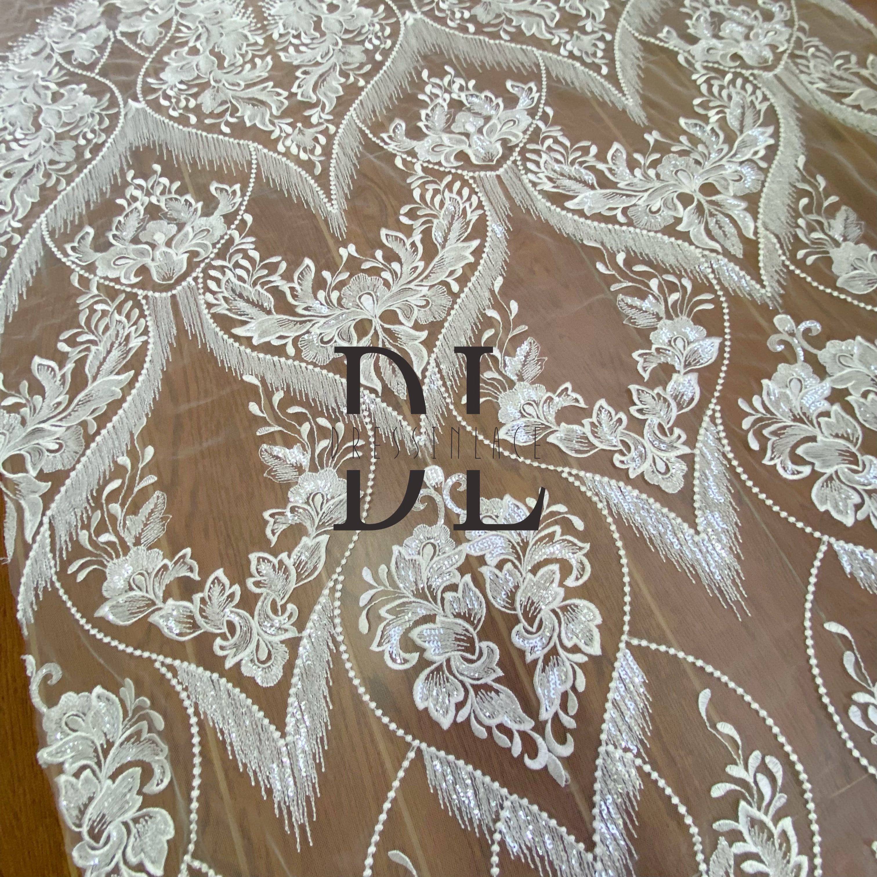 DL130135 Embroidery Lace Fabric for Bridal Wedding Dresses – Shiny Transparent with Soft, Skin-Friendly Mesh DL130135