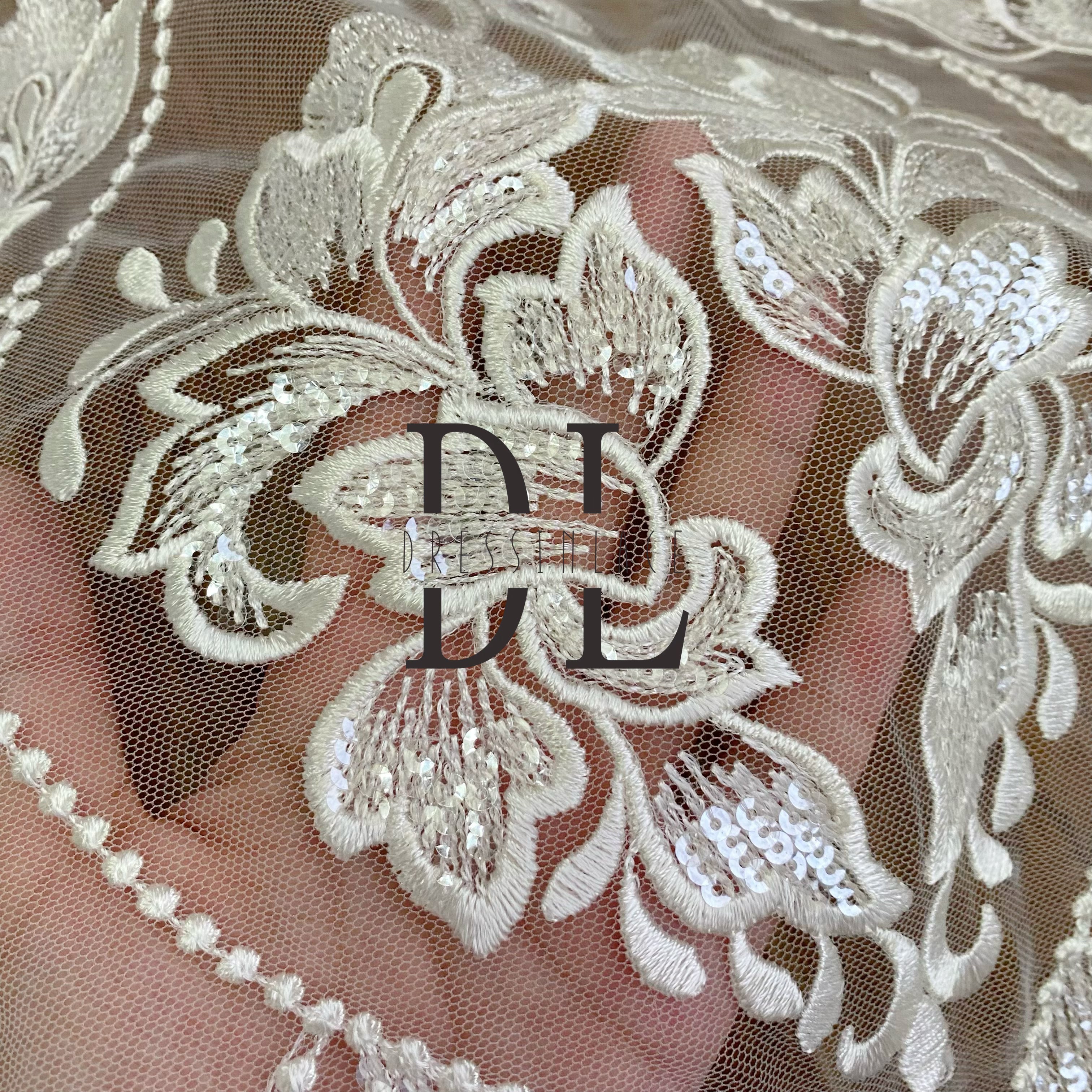 DL130135 Embroidery Lace Fabric for Bridal Wedding Dresses – Shiny Transparent with Soft, Skin-Friendly Mesh DL130135